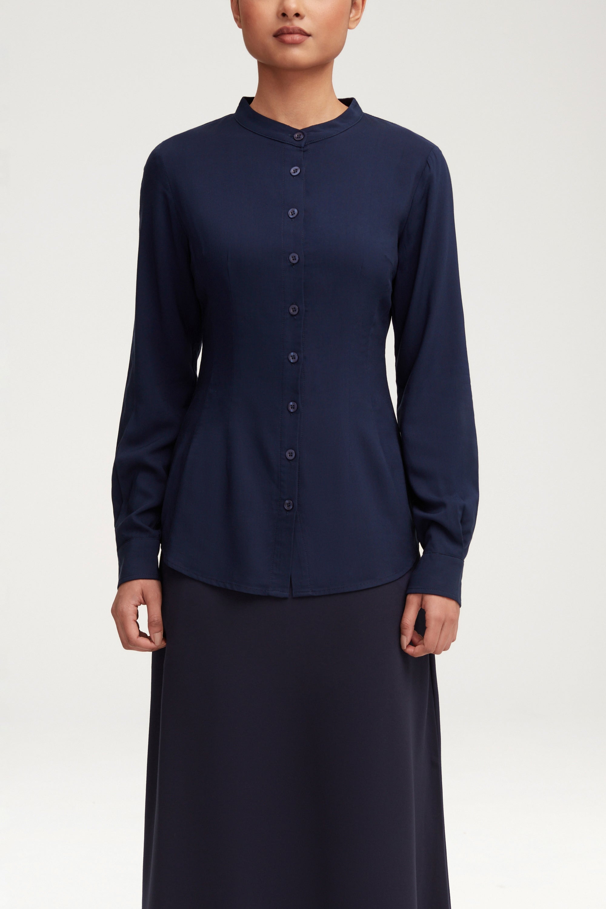 Adina Fitted Button Down Top - Navy Blue Clothing epschoolboard 