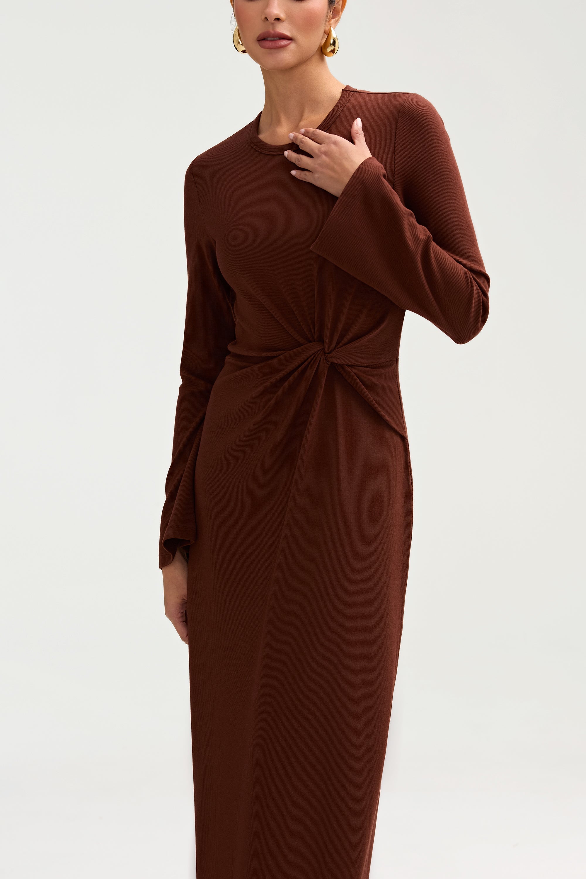 Aissia Ribbed Twist Front Maxi Dress - Chocolate Clothing epschoolboard 