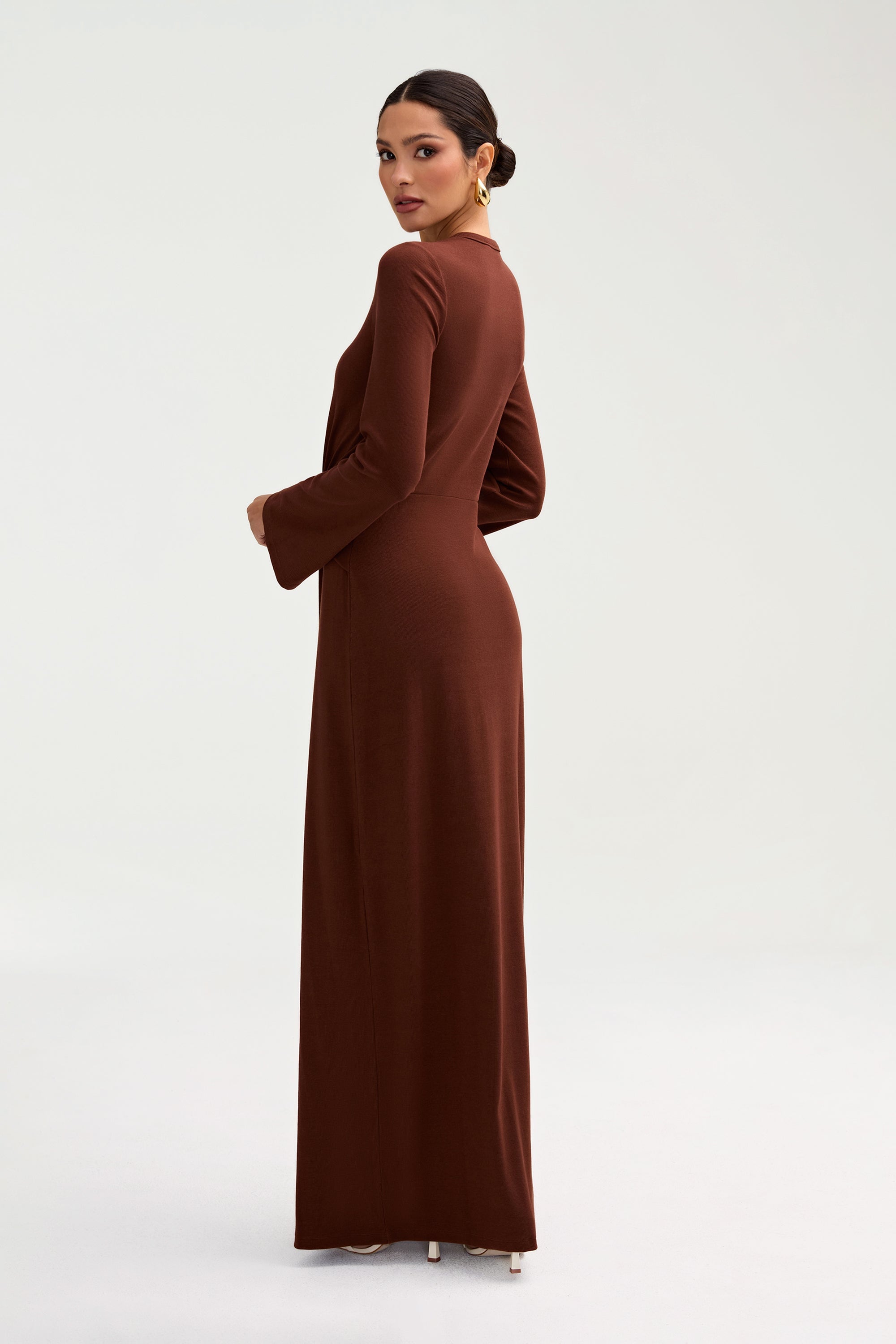 Aissia Ribbed Twist Front Maxi Dress - Chocolate Clothing epschoolboard 
