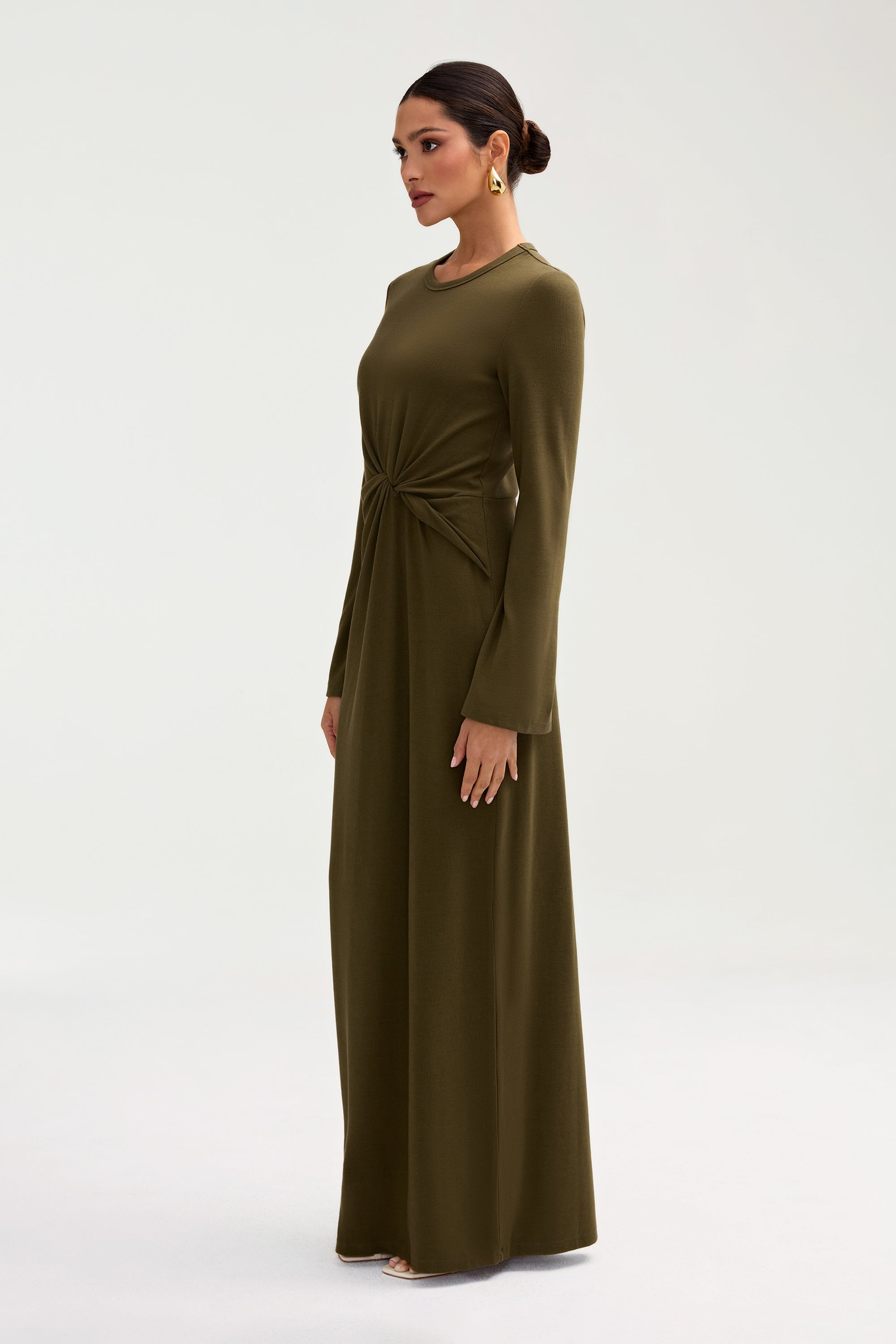 Aissia Ribbed Twist Front Maxi Dress - Olive Night Clothing epschoolboard 