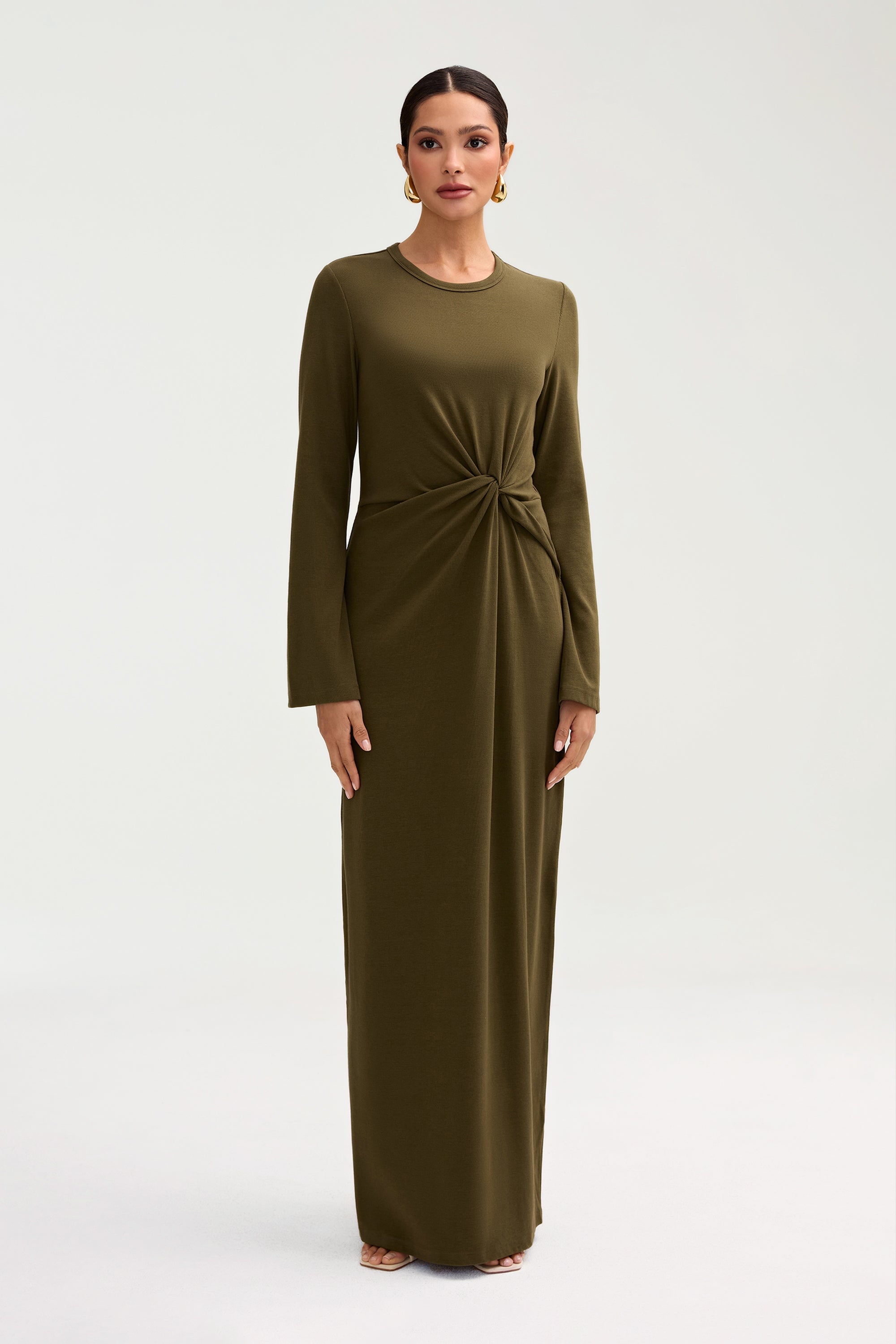 Aissia Ribbed Twist Front Maxi Dress - Olive Night Clothing Veiled 
