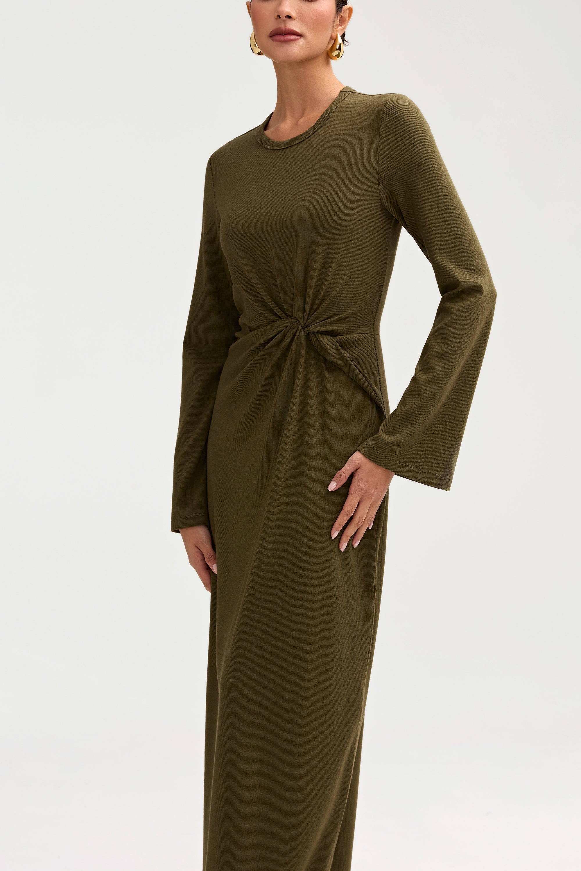 Aissia Ribbed Twist Front Maxi Dress - Olive Night Clothing Veiled 