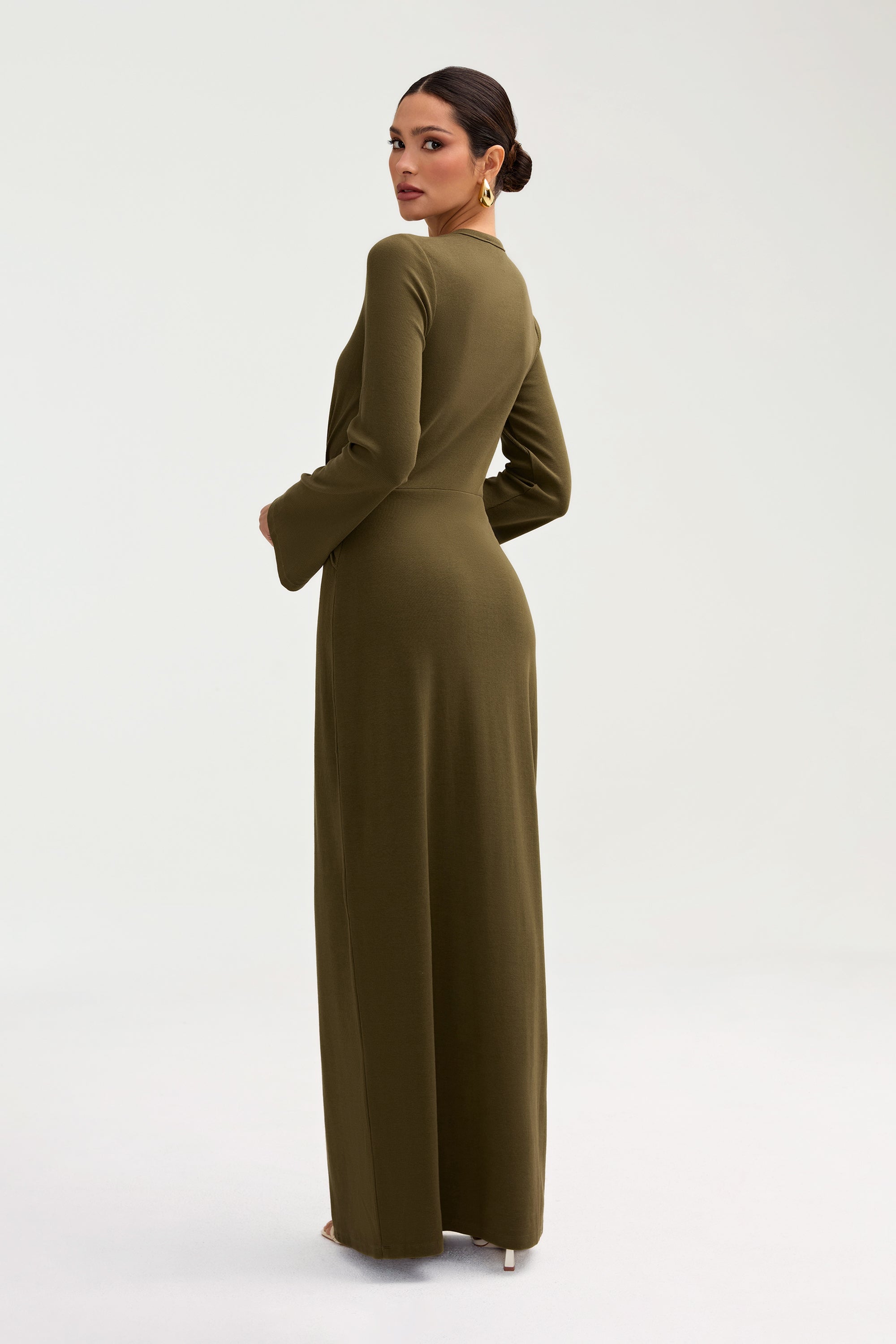 Aissia Ribbed Twist Front Maxi Dress - Olive Night Clothing epschoolboard 