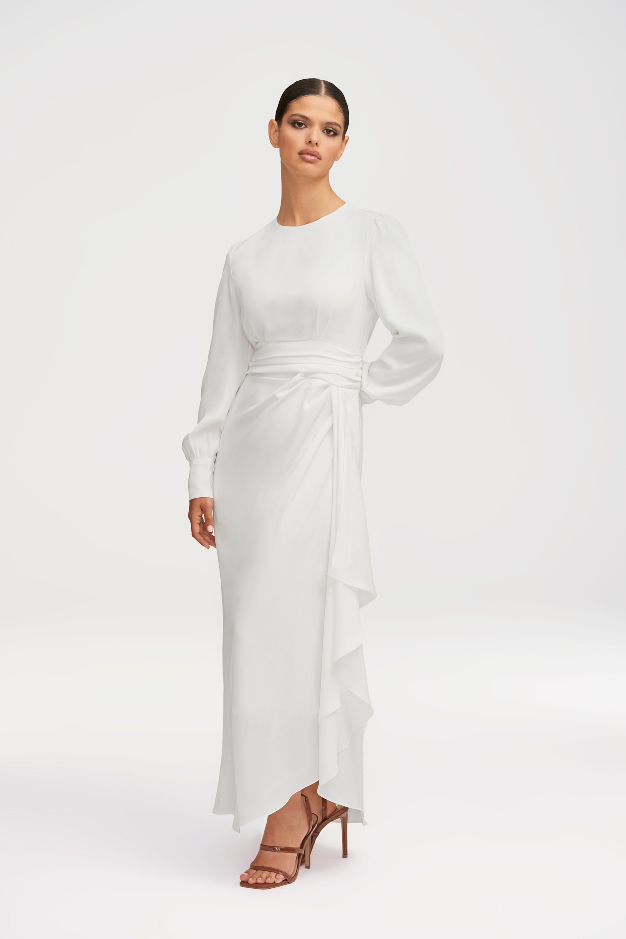 Anabelle Pleated Waist Ruffle Maxi Dress - White Clothing epschoolboard 