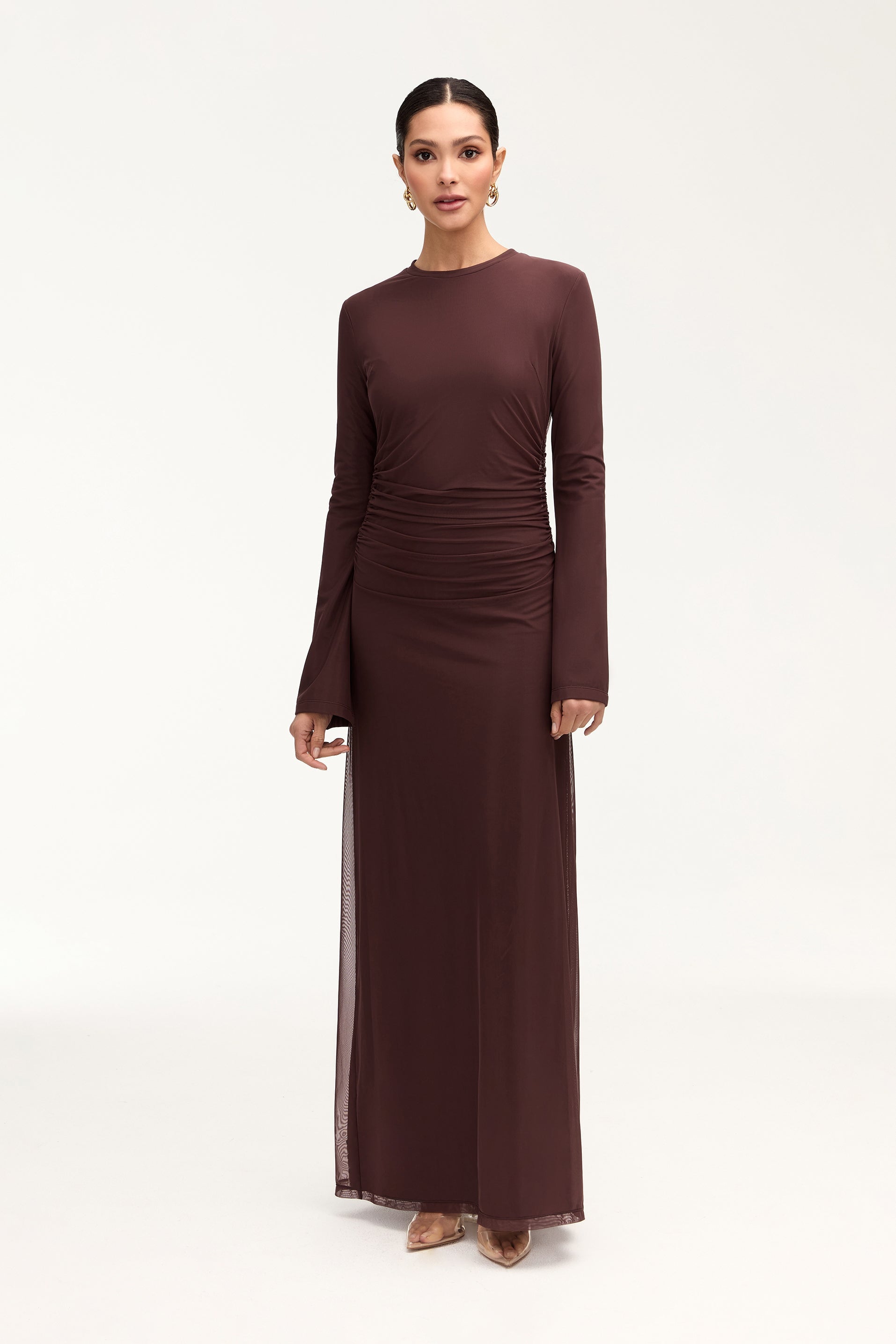 Arianna Rouched Mesh Maxi Dress - Espresso Clothing Veiled 