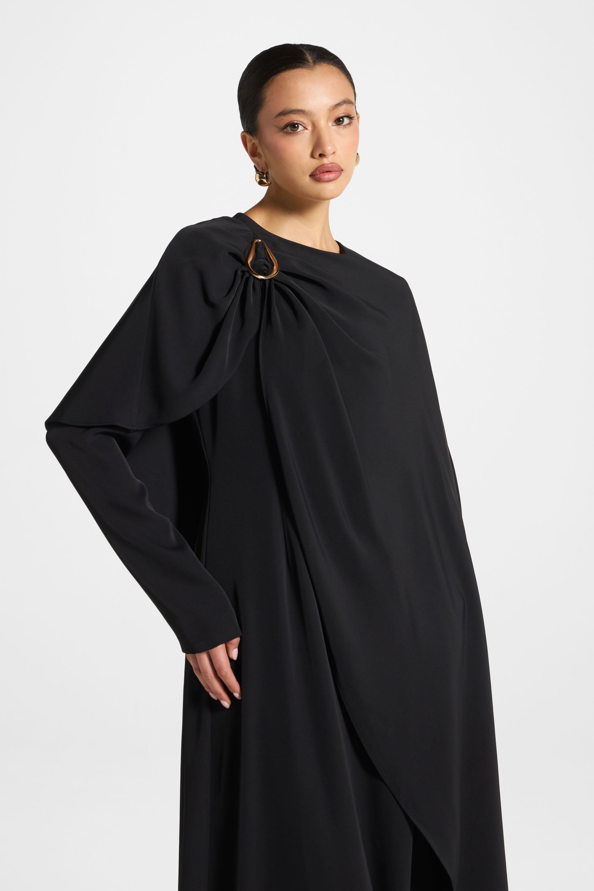 Asymmetric Cape Maxi Dress - Black Abayas Veiled