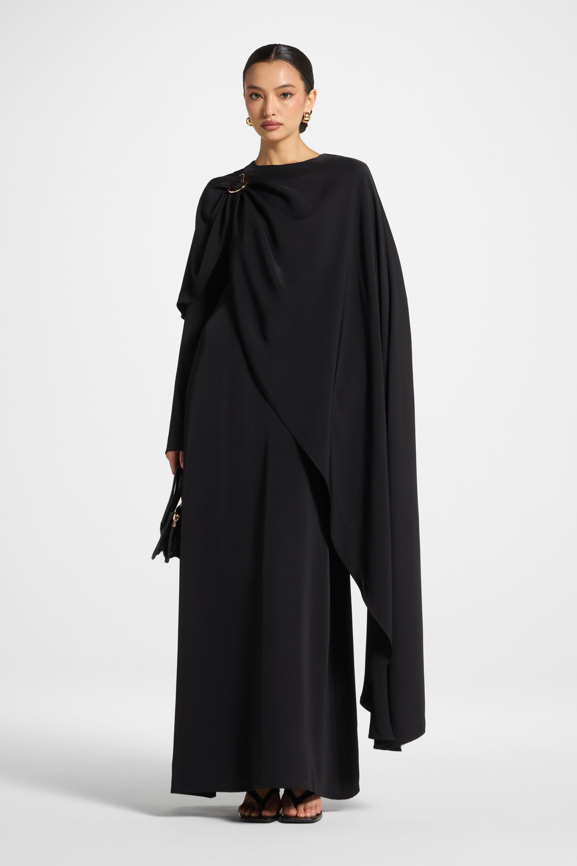 Asymmetric Cape Maxi Dress - Black Abayas Veiled