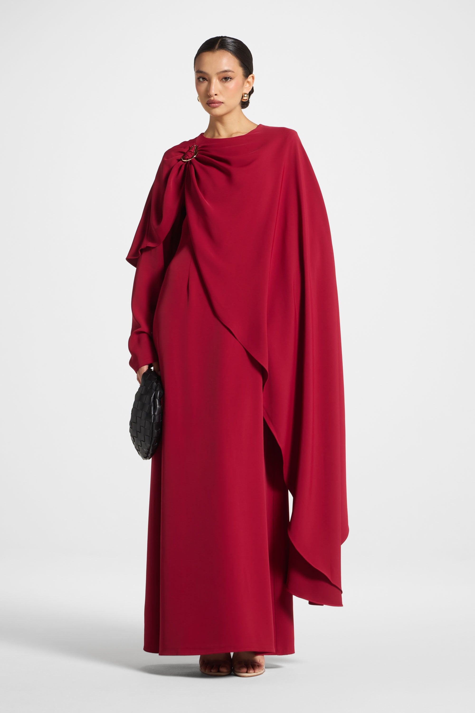 Asymmetric Cape Maxi Dress - Cherry Asymmetric Cape Maxi Dress - Cherry