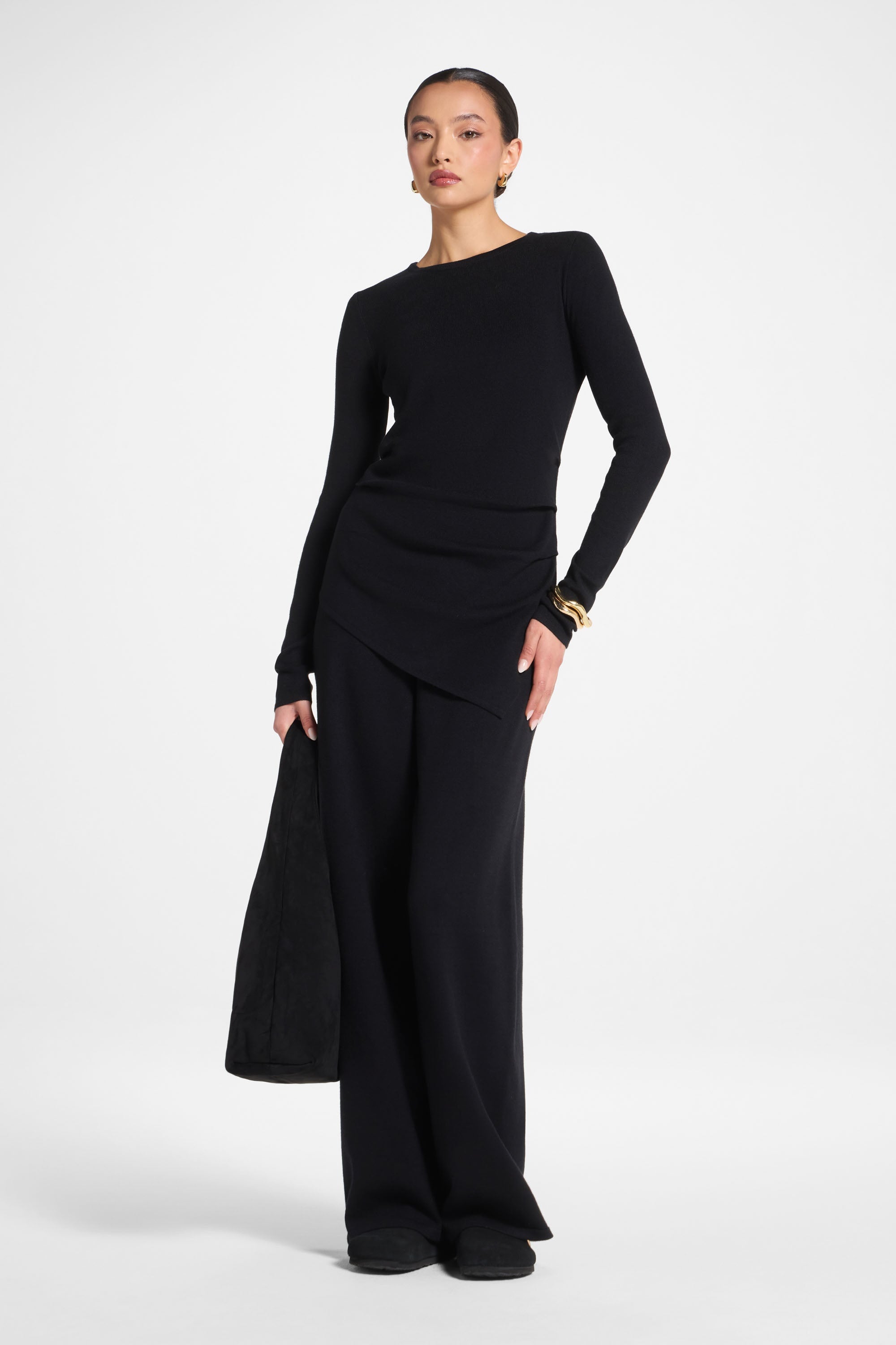Asymmetric Knit Top & Pants Set - Black Abayas Veiled