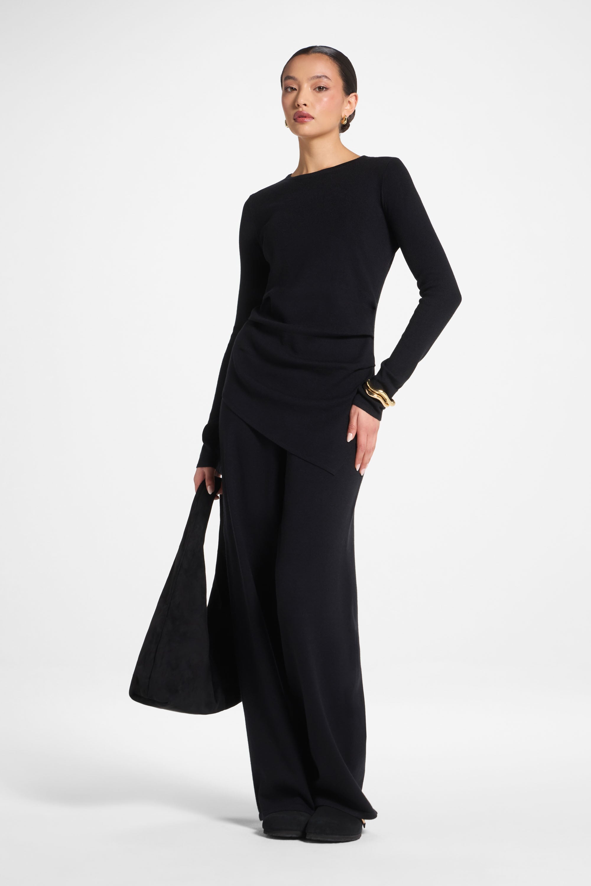 Asymmetric Knit Top & Pants Set - Black Abayas Veiled