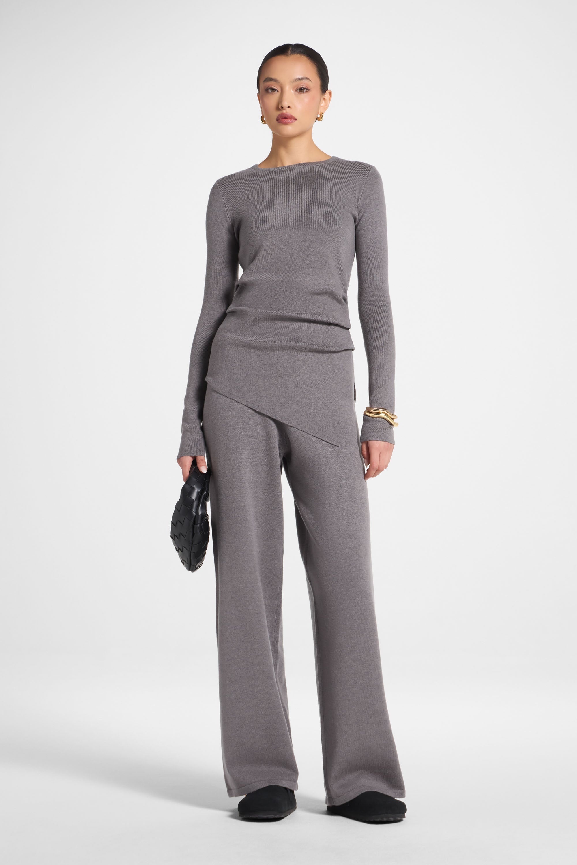 Asymmetric Knit Top & Pants Set - Charcoal Abayas Veiled