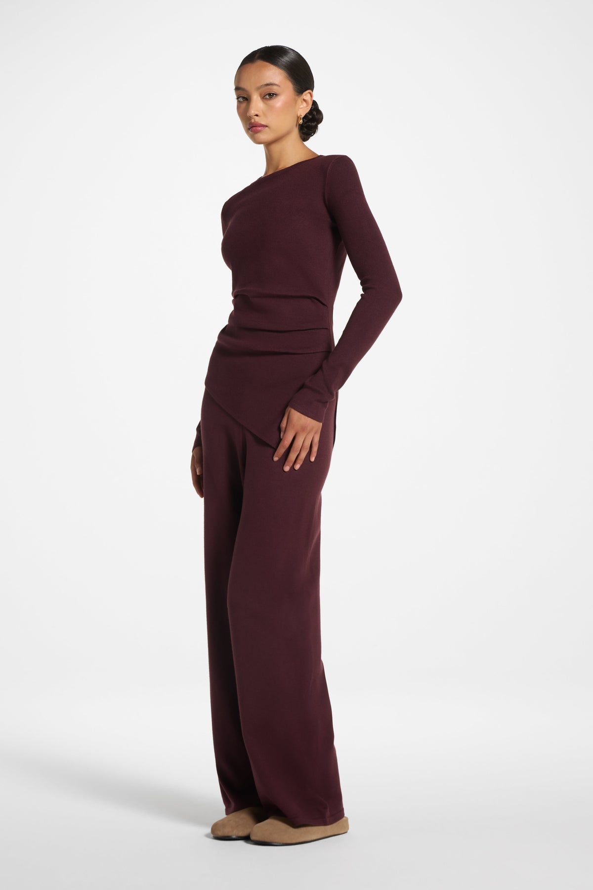 Asymmetric Knit Top & Pants Set - Chocolate Truffle Veiled