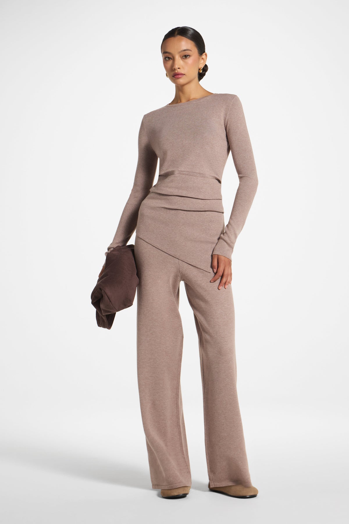 Asymmetric Knit Top & Pants Set - Heather Taupe Veiled