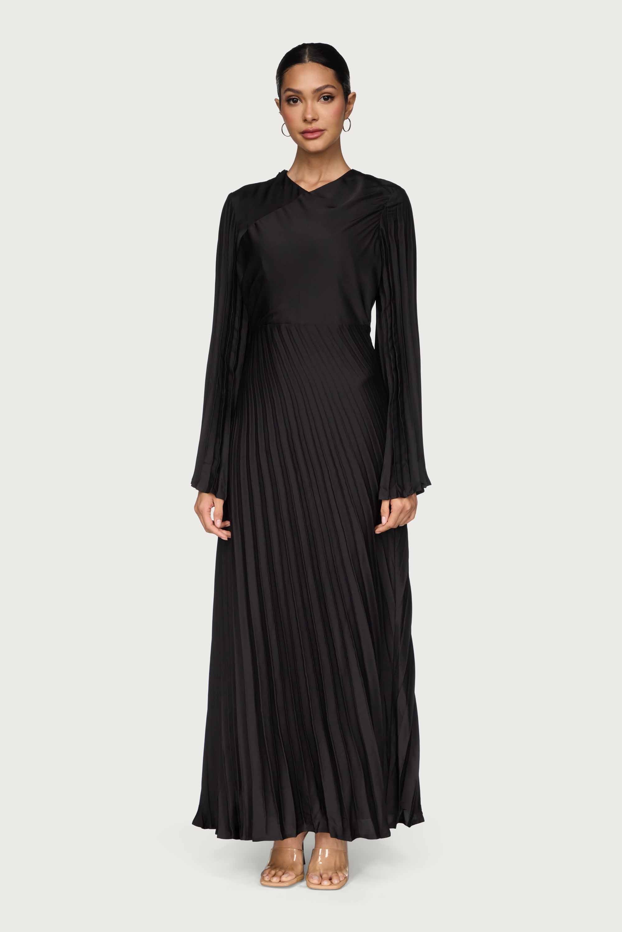 Asymmetric Pleated Maxi Dress - Black Dresses Veiled
