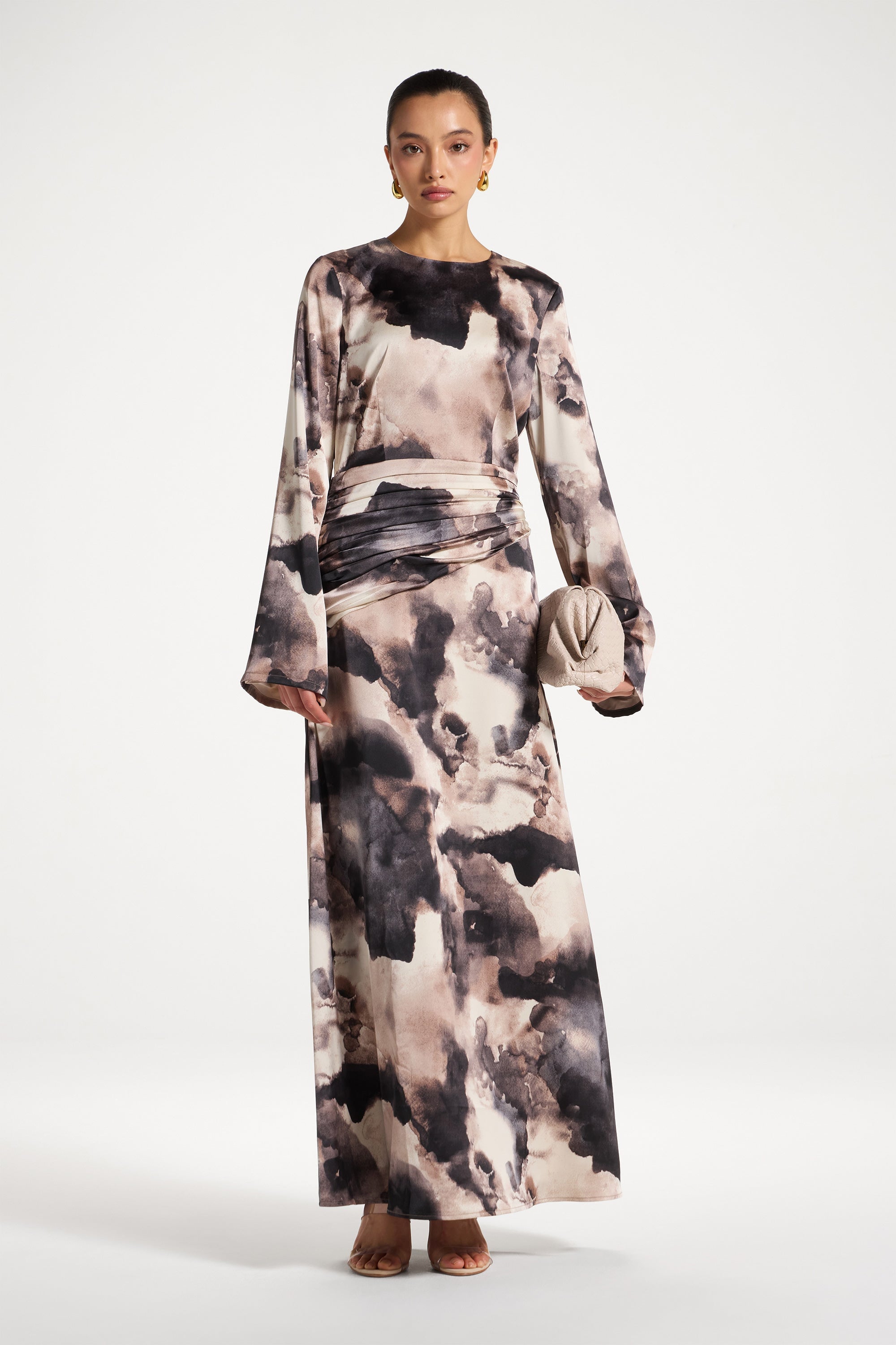 Asymmetric Pleated Waist Maxi Dress Abayas Veiled