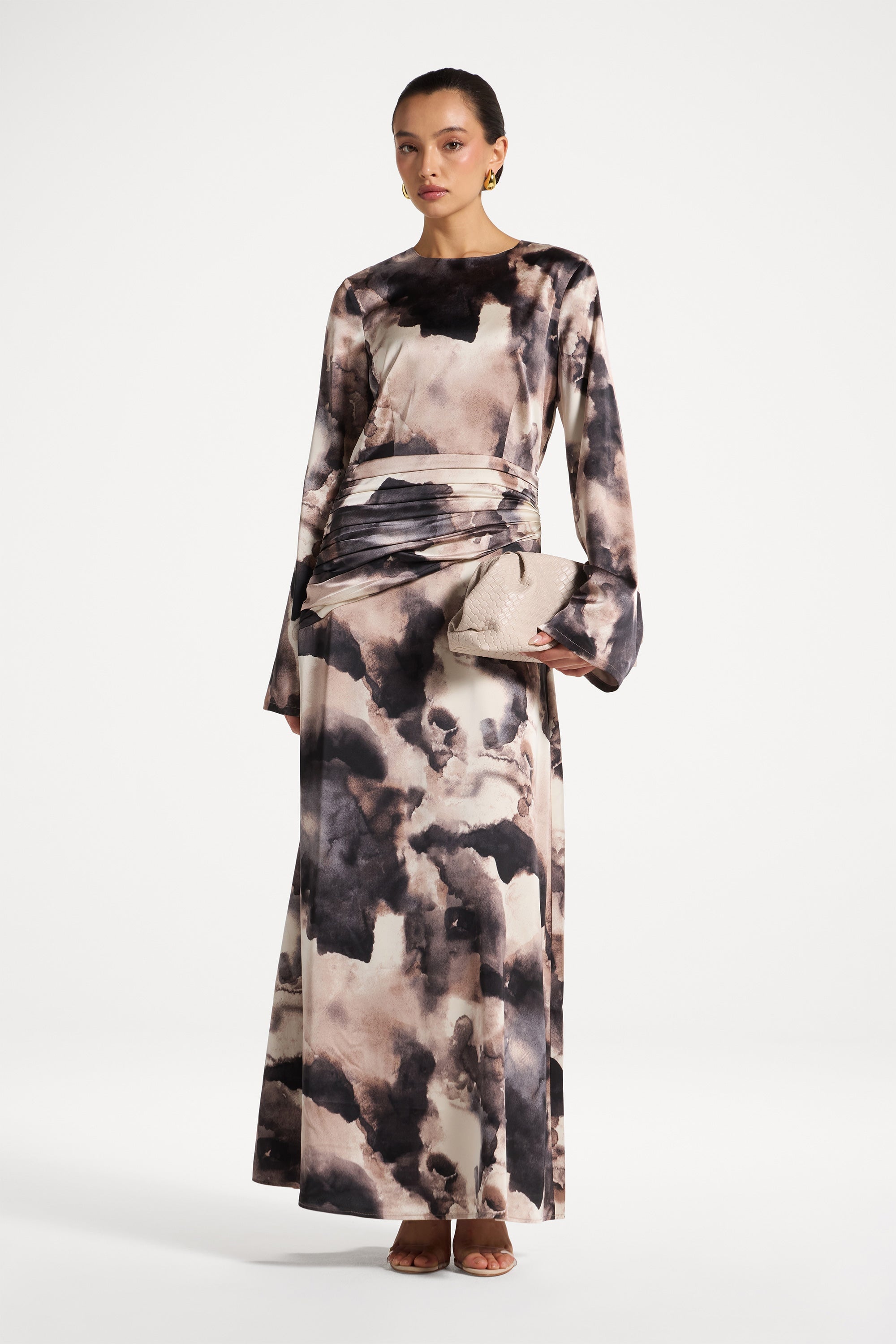 Asymmetric Pleated Waist Maxi Dress Abayas Veiled