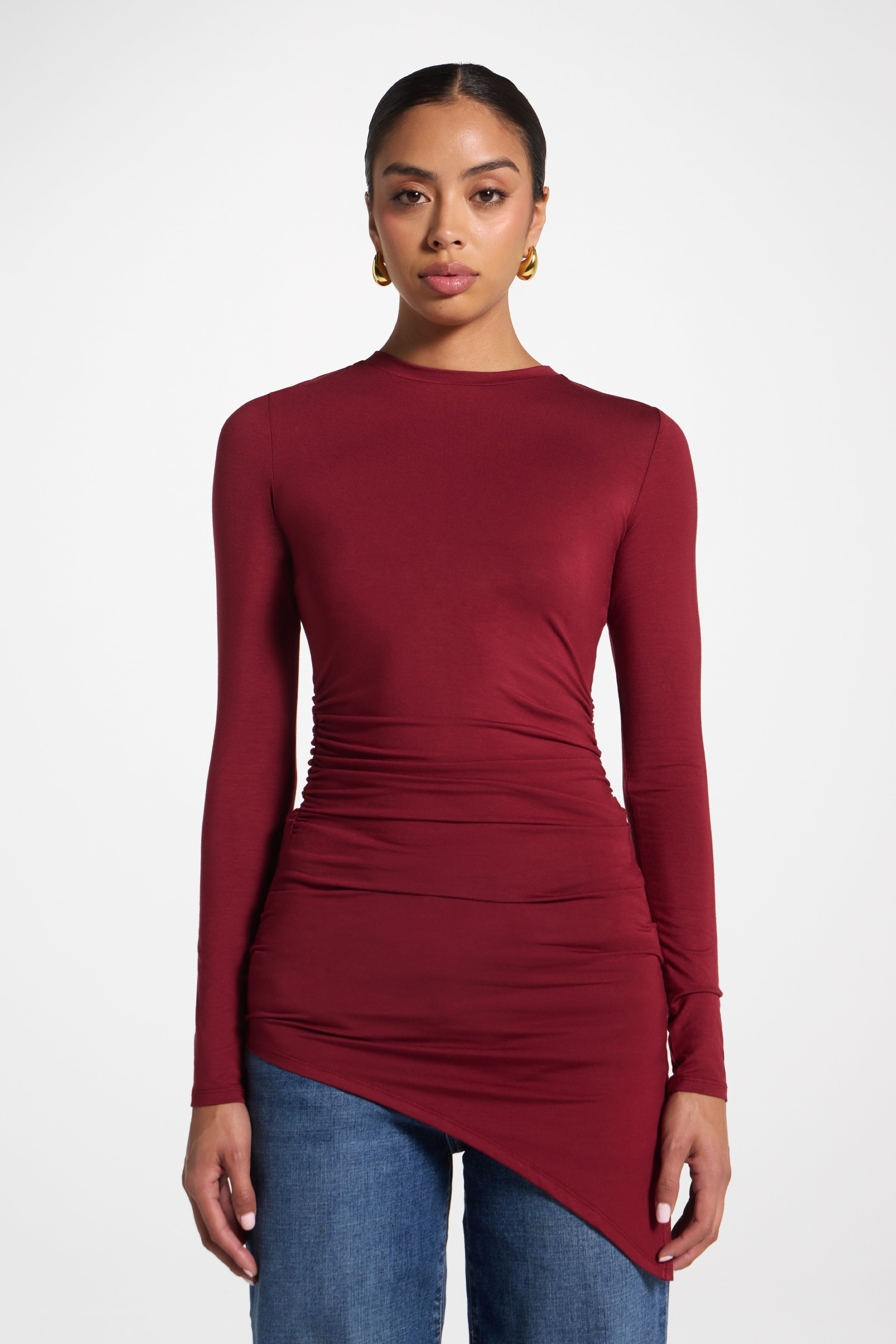 Asymmetric Rouched Bamboo Top - Cherry Lacquer Abayas Veiled