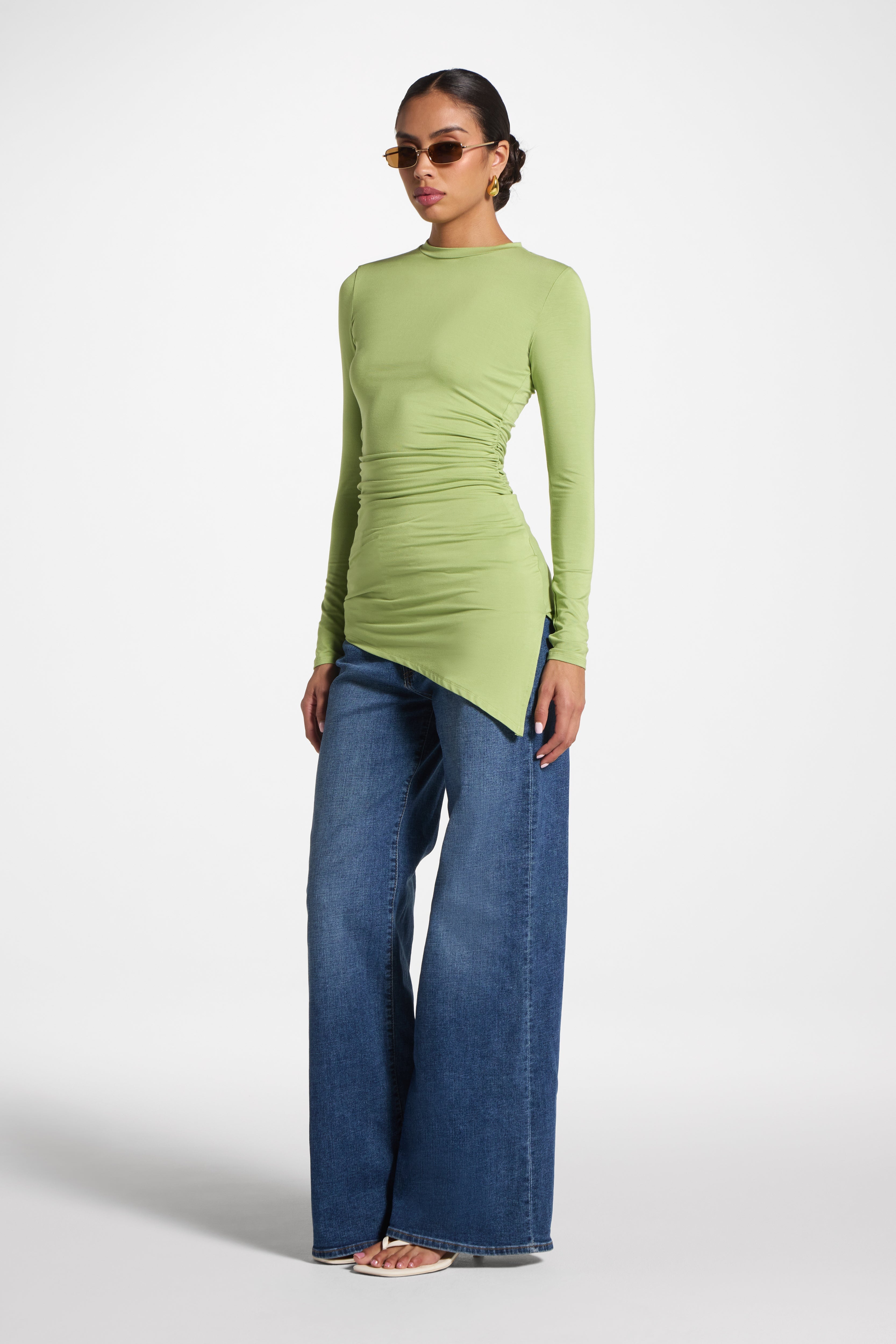 Asymmetric Rouched Bamboo Top - Matcha Abayas Veiled