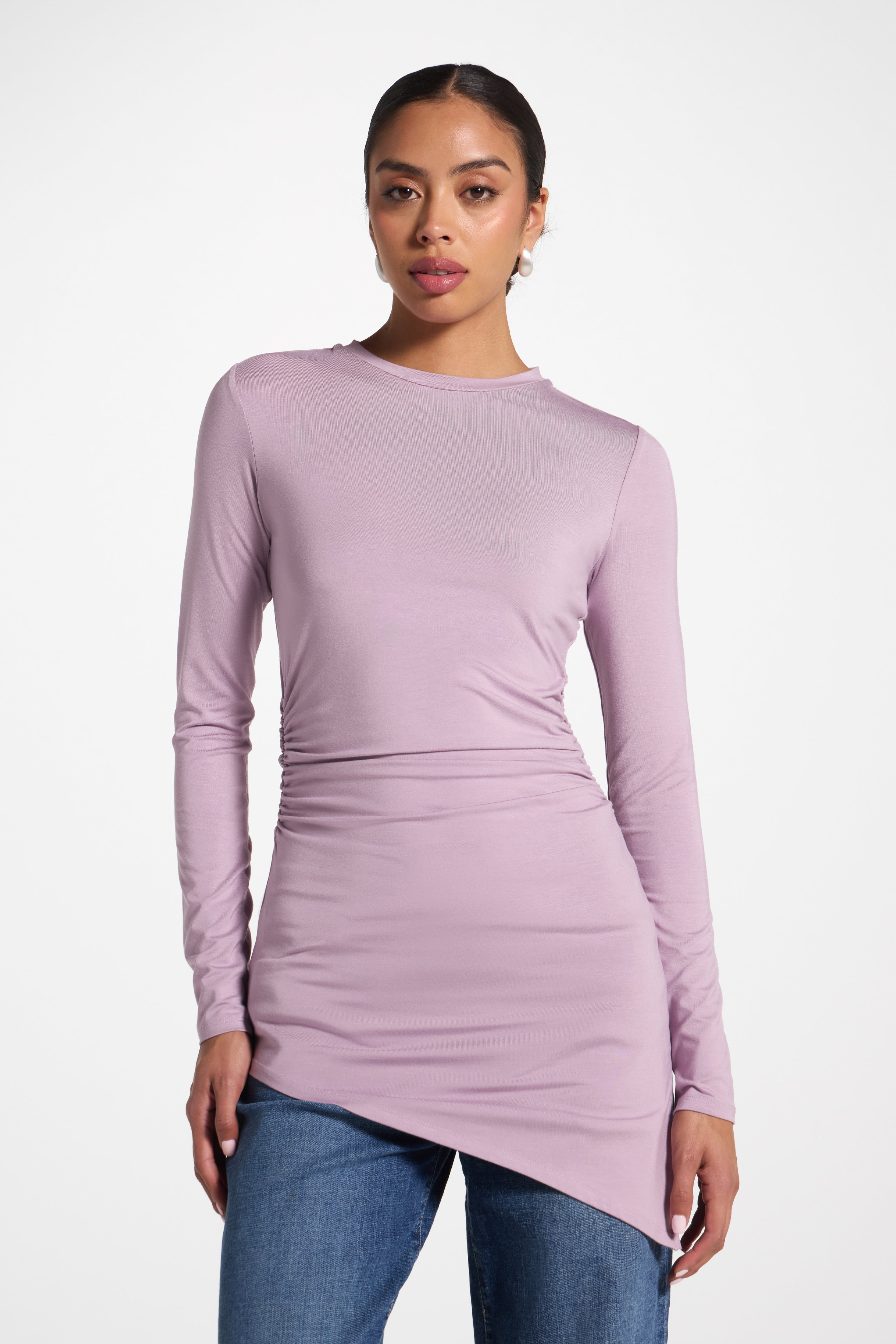 Asymmetric Rouched Bamboo Top - Smokey Lavender Abayas Veiled