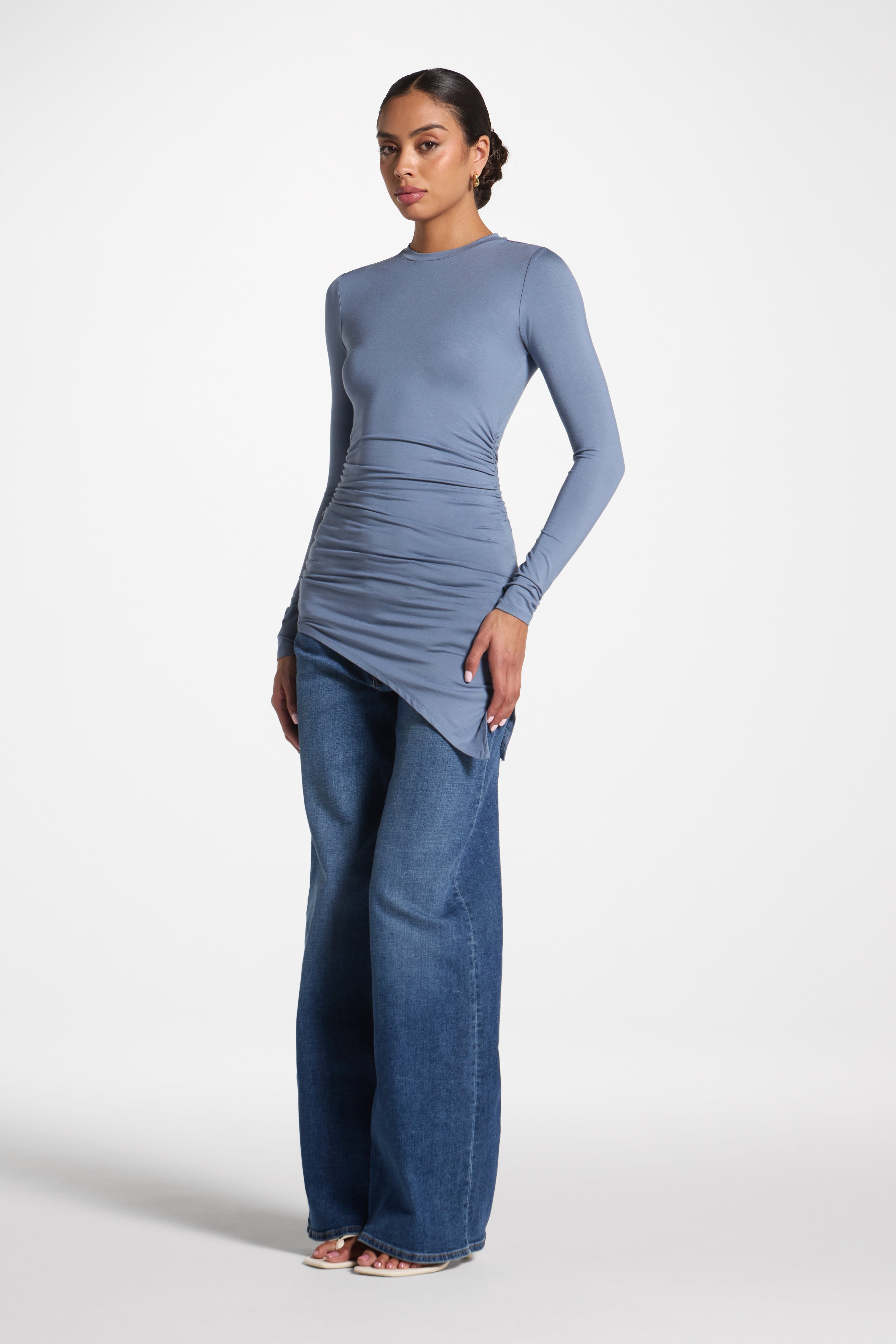 Asymmetric Rouched Bamboo Top - Steel Blue Abayas Veiled