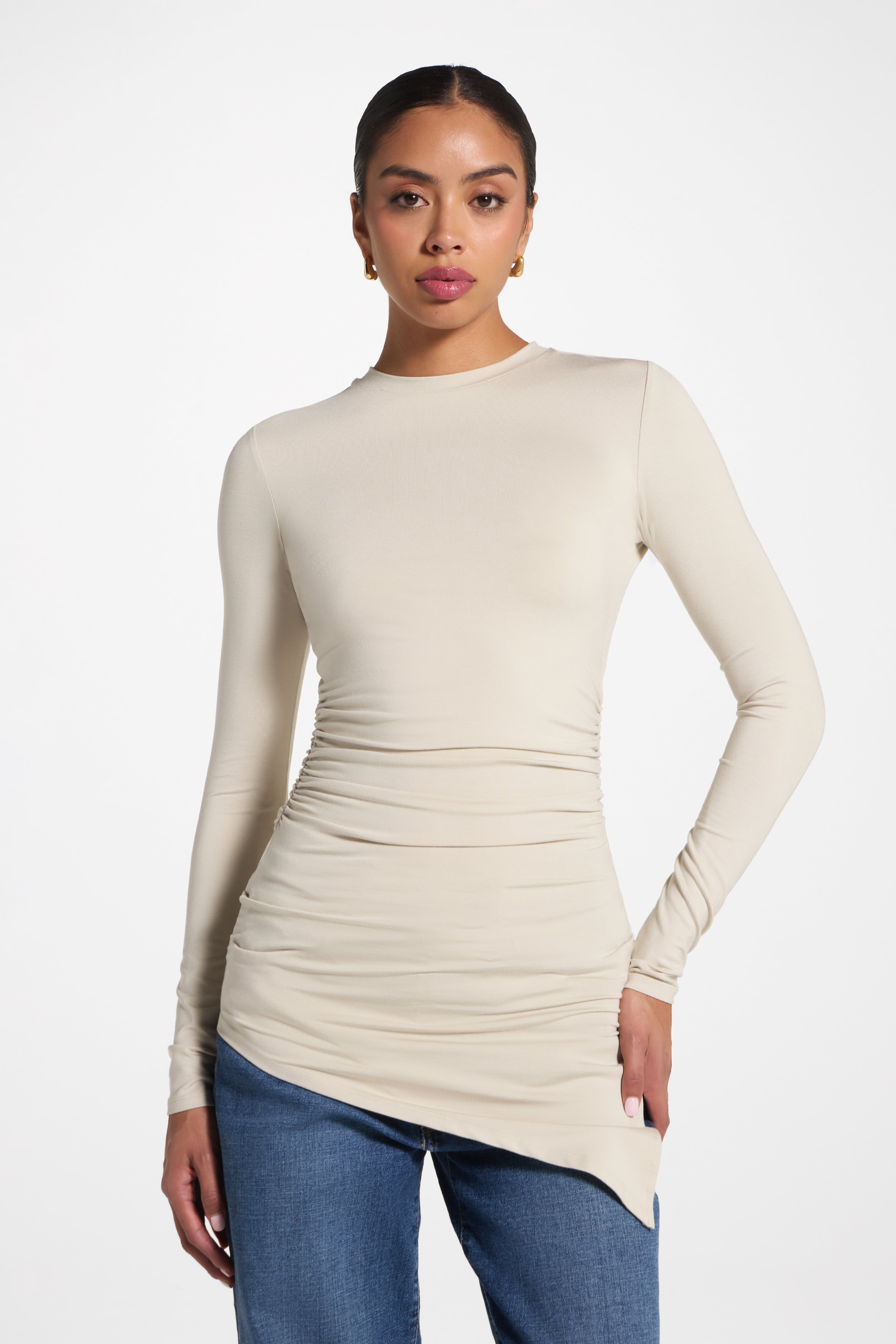Asymmetric Rouched Bamboo Top - Stone Abayas Veiled