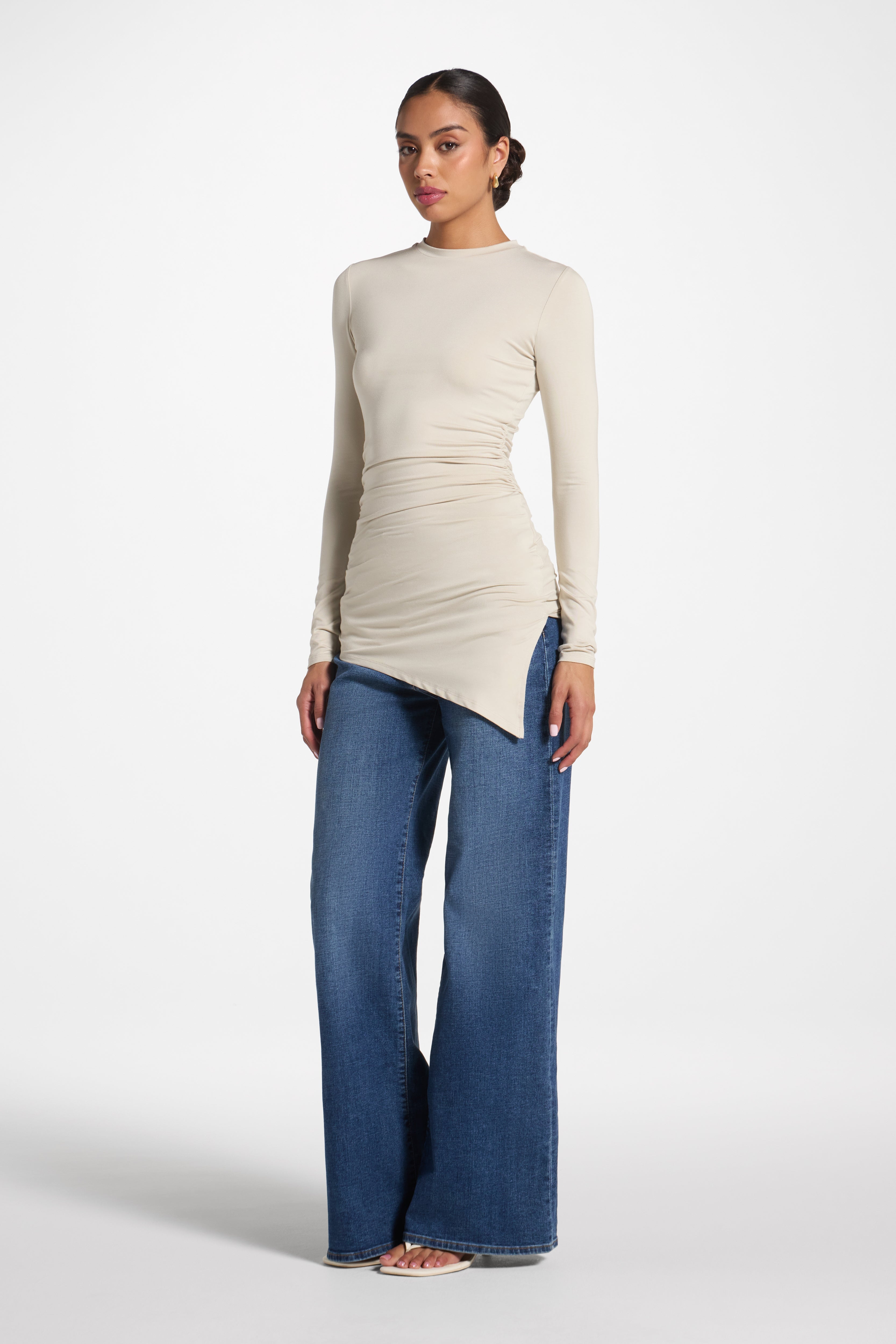Asymmetric Rouched Bamboo Top - Stone Abayas Veiled