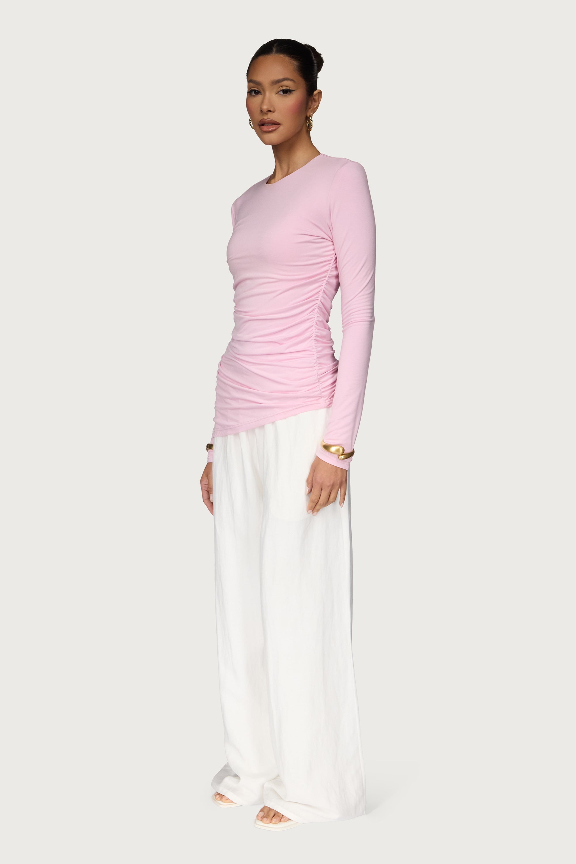 Asymmetric Rouched Jersey Top - Pastel Pink Dresses Veiled
