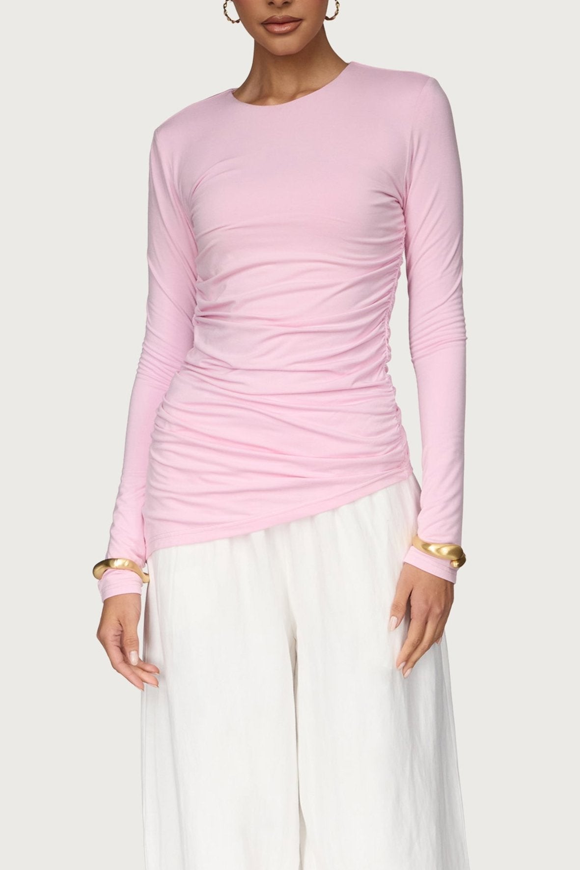 Asymmetric Rouched Jersey Top - Pastel Pink Tops Veiled