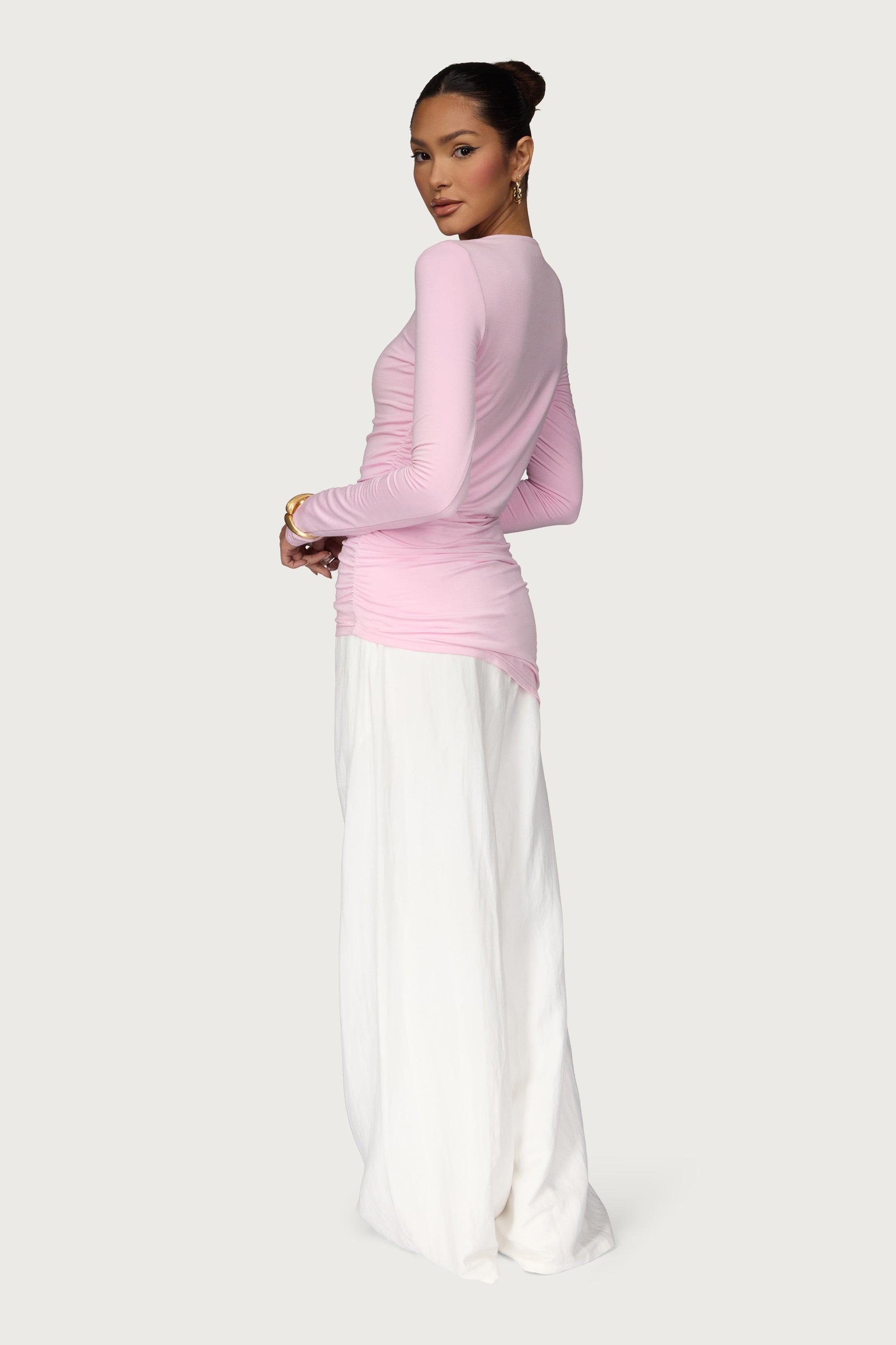 Asymmetric Rouched Jersey Top - Pastel Pink Dresses Veiled