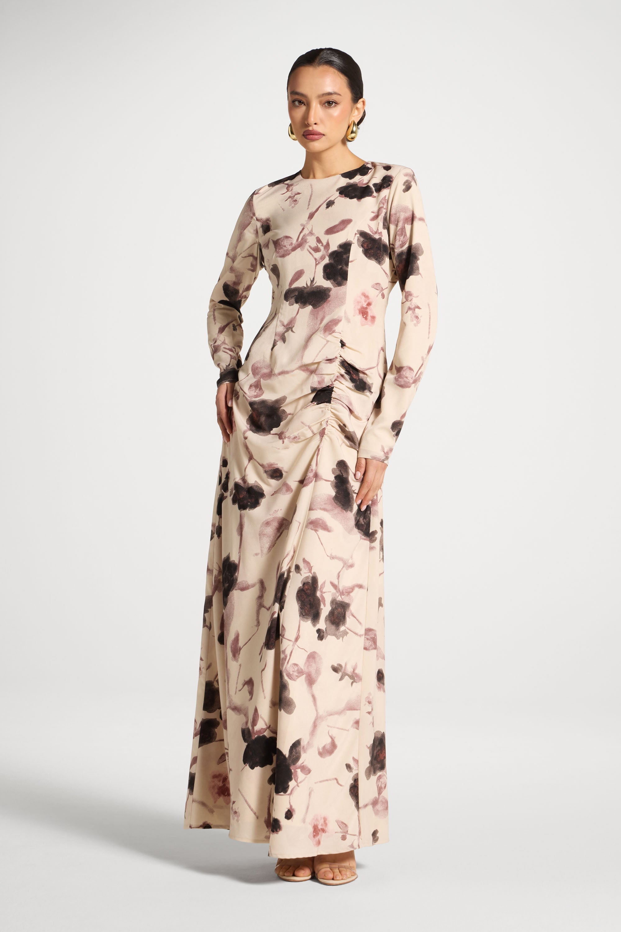 Asymmetric Rouched Maxi Dress - Vanilla Petals Abayas Veiled