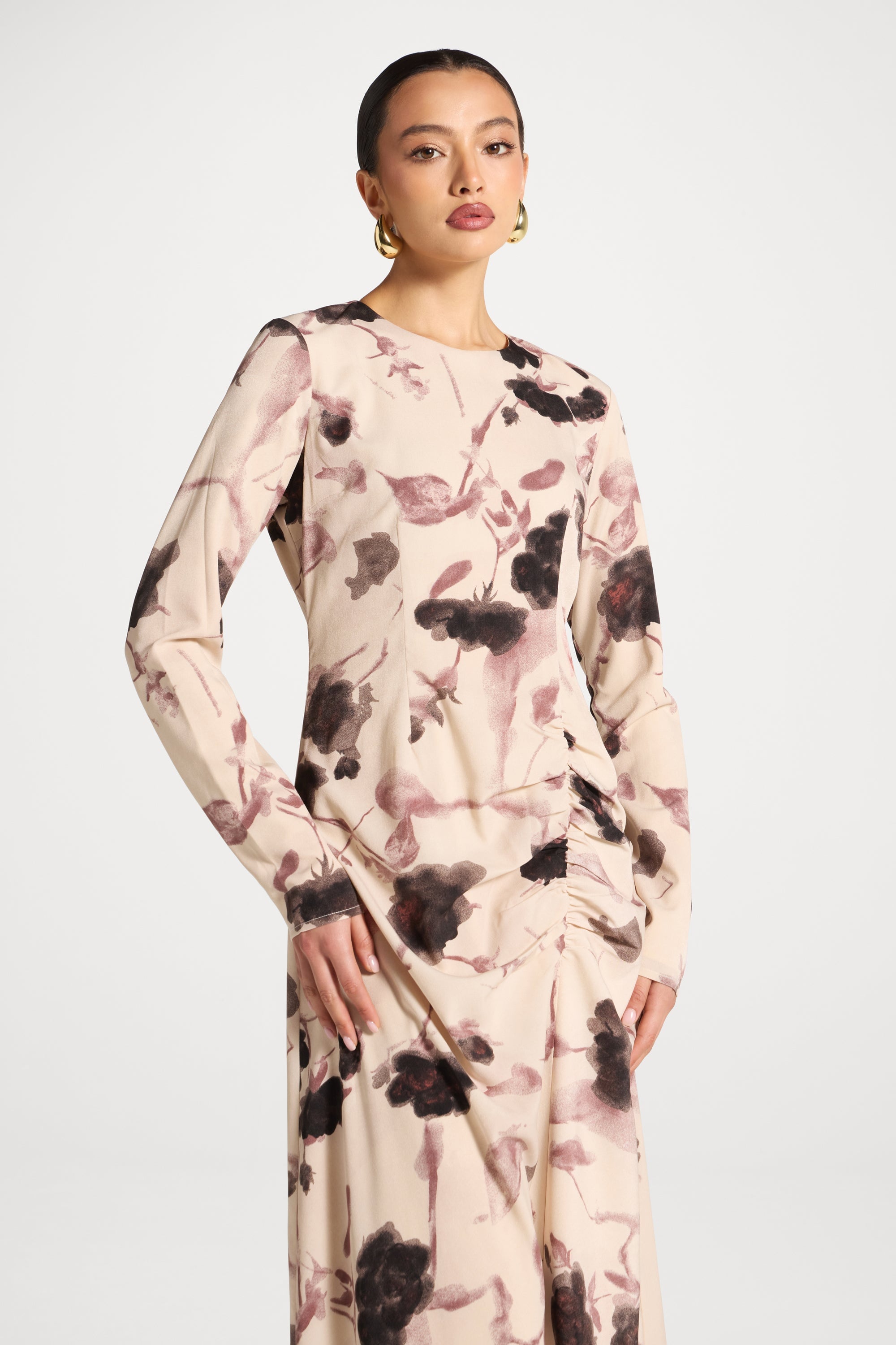 Asymmetric Rouched Maxi Dress - Vanilla Petals Abayas Veiled