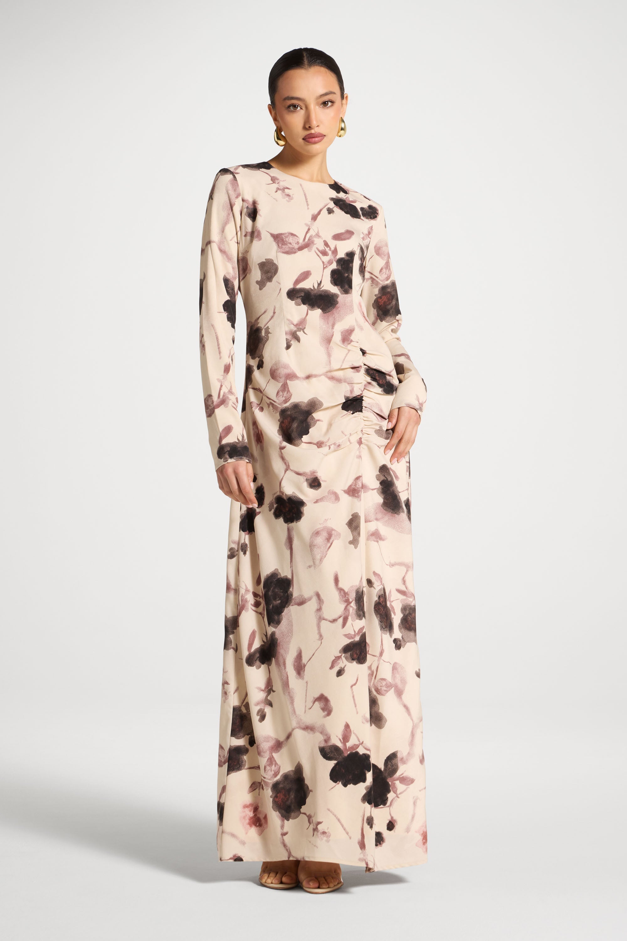 Asymmetric Rouched Maxi Dress - Vanilla Petals Abayas Veiled