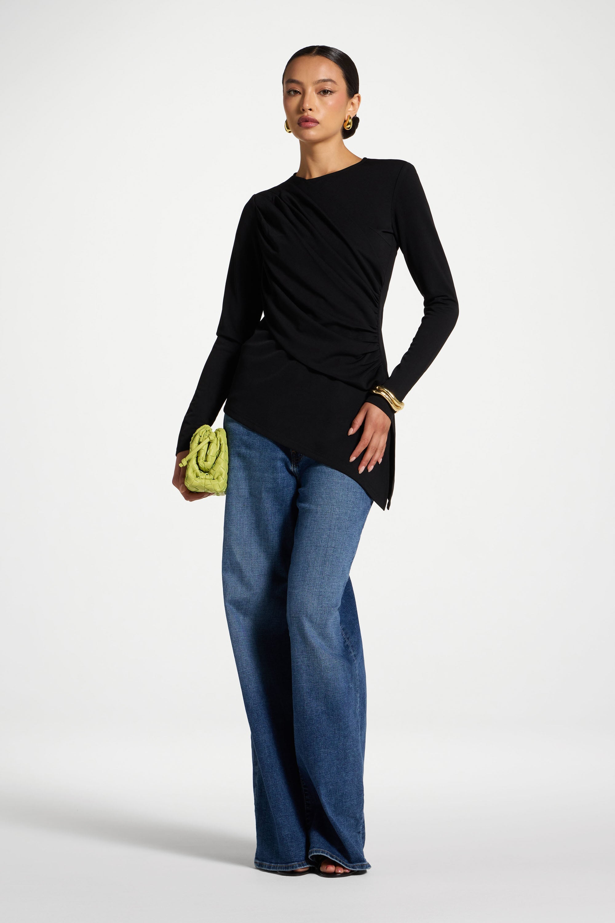 Asymmetric Rouched Shoulder Top - Black Abayas Veiled