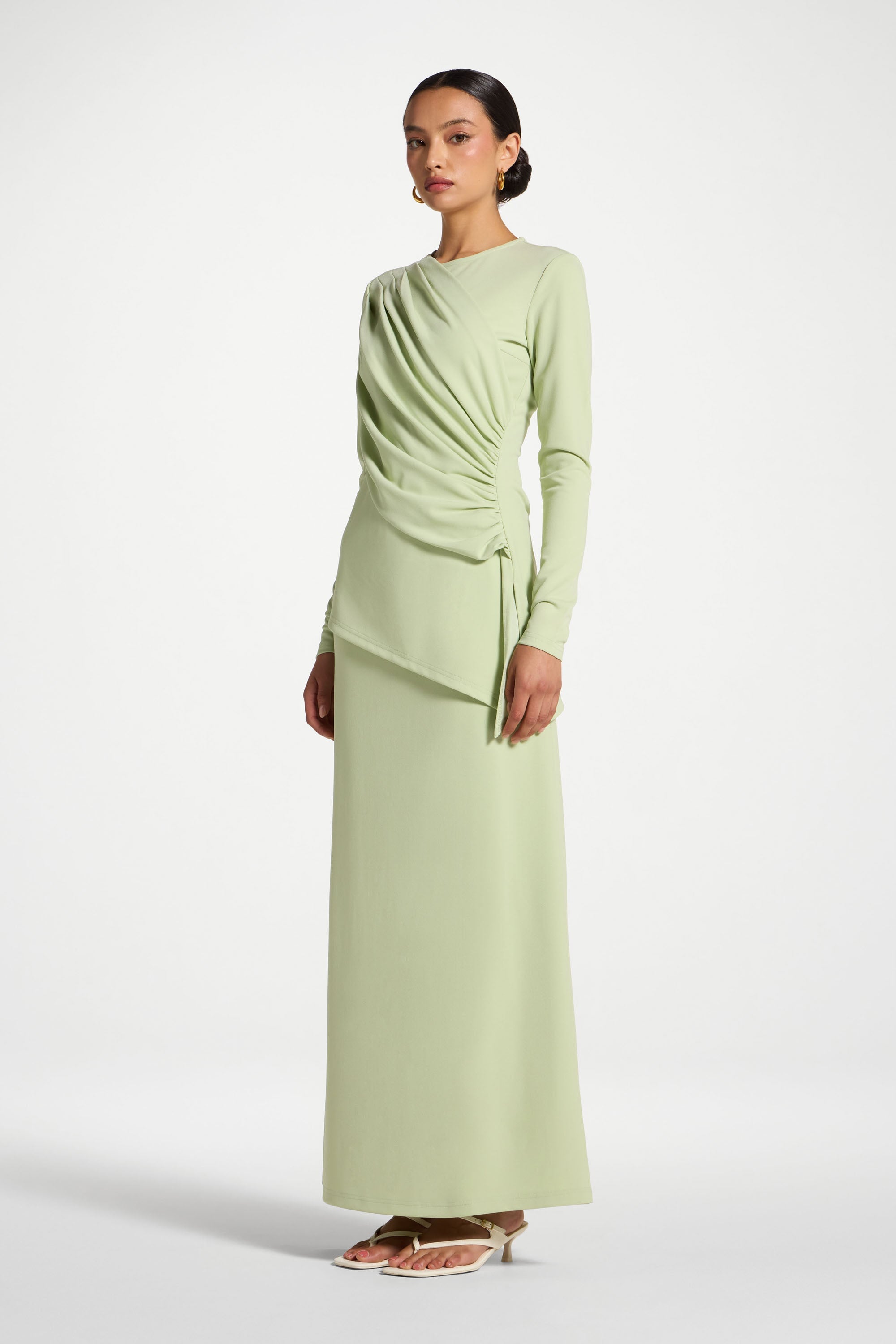 Asymmetric Rouched Shoulder Top - Spring Green Abayas Veiled