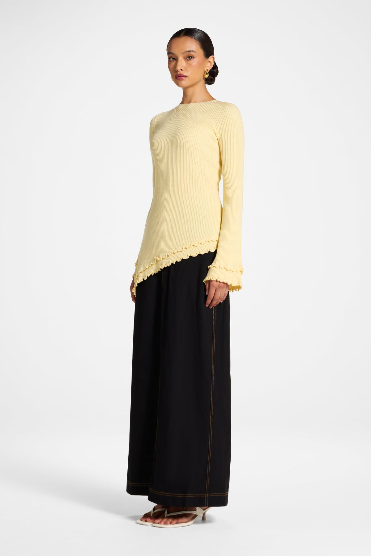 Asymmetric Ruffle Hem Knit Top - Banana Veiled