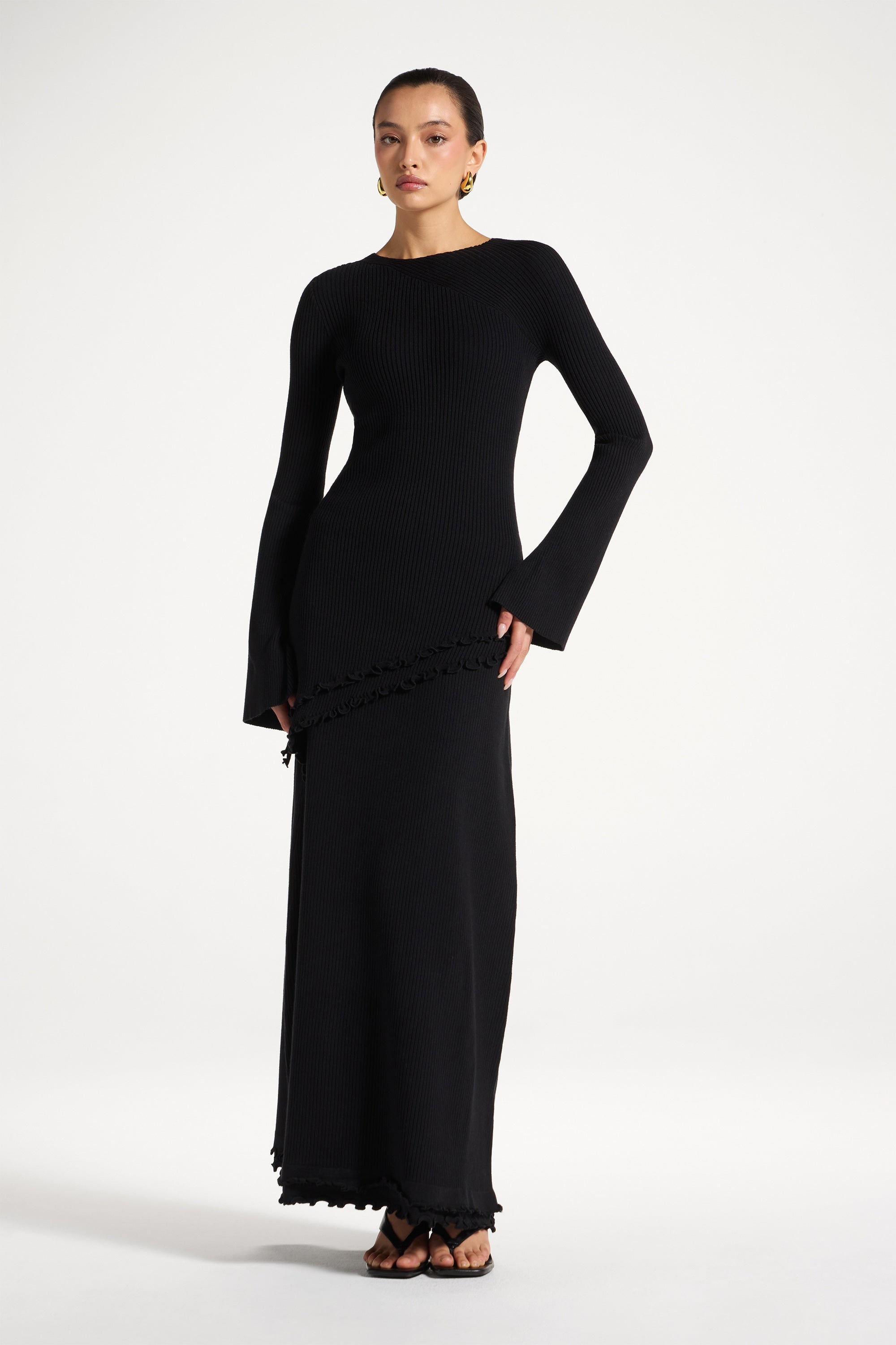 Asymmetric Ruffle Hem Knit Top - Black Abayas Veiled