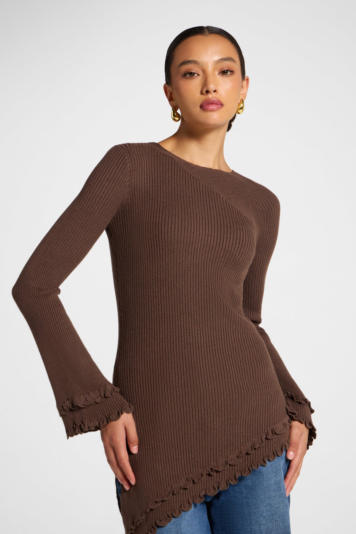 Asymmetric Ruffle Hem Knit Top - Brown Veiled