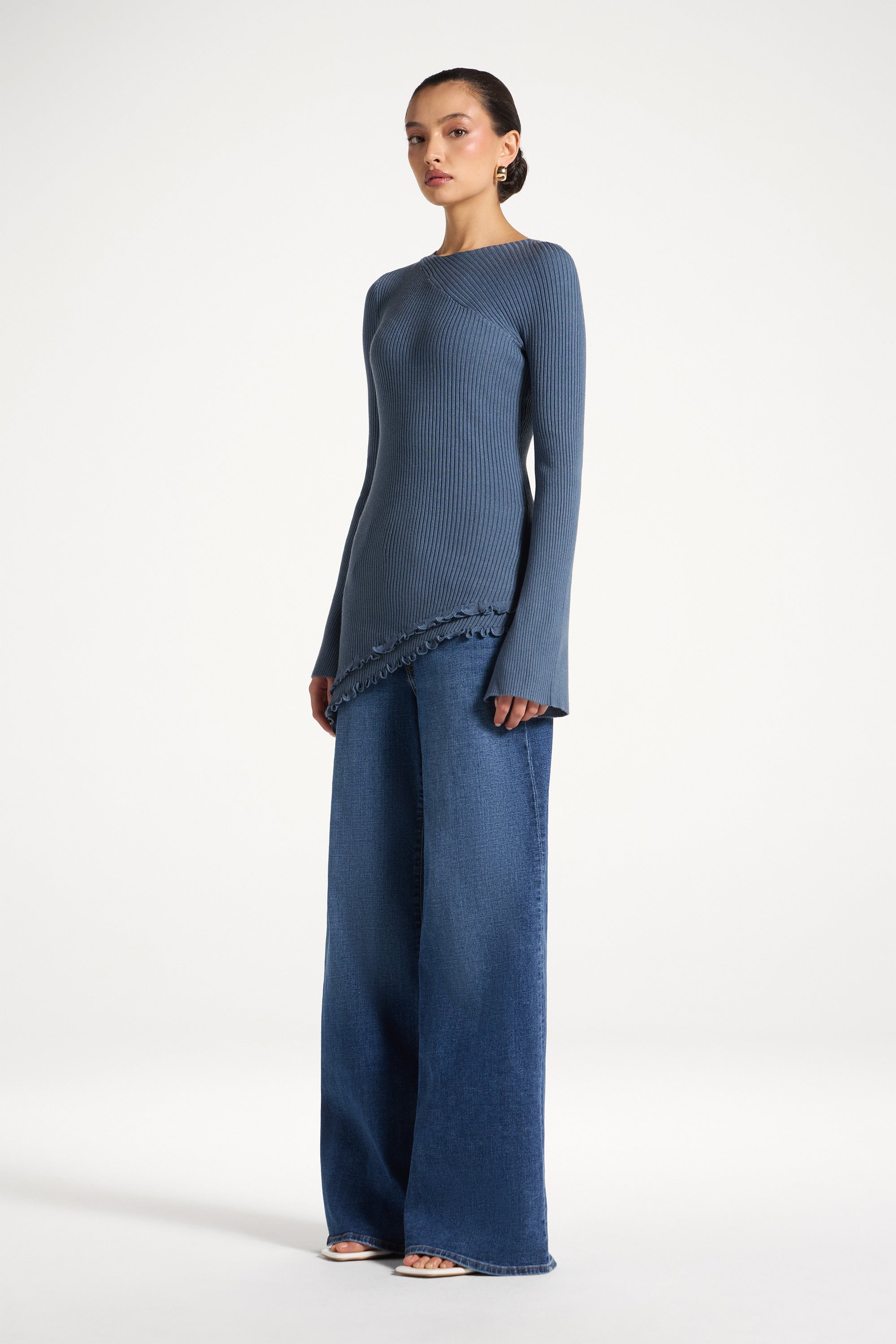 Asymmetric Ruffle Hem Knit Top - Denim Abayas Veiled