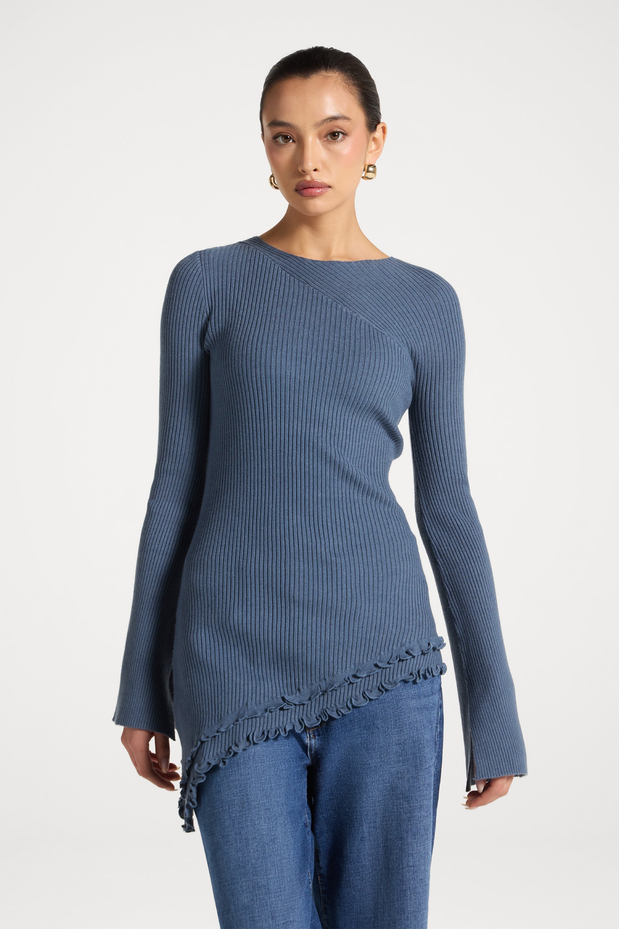 Asymmetric Ruffle Hem Knit Top - Denim