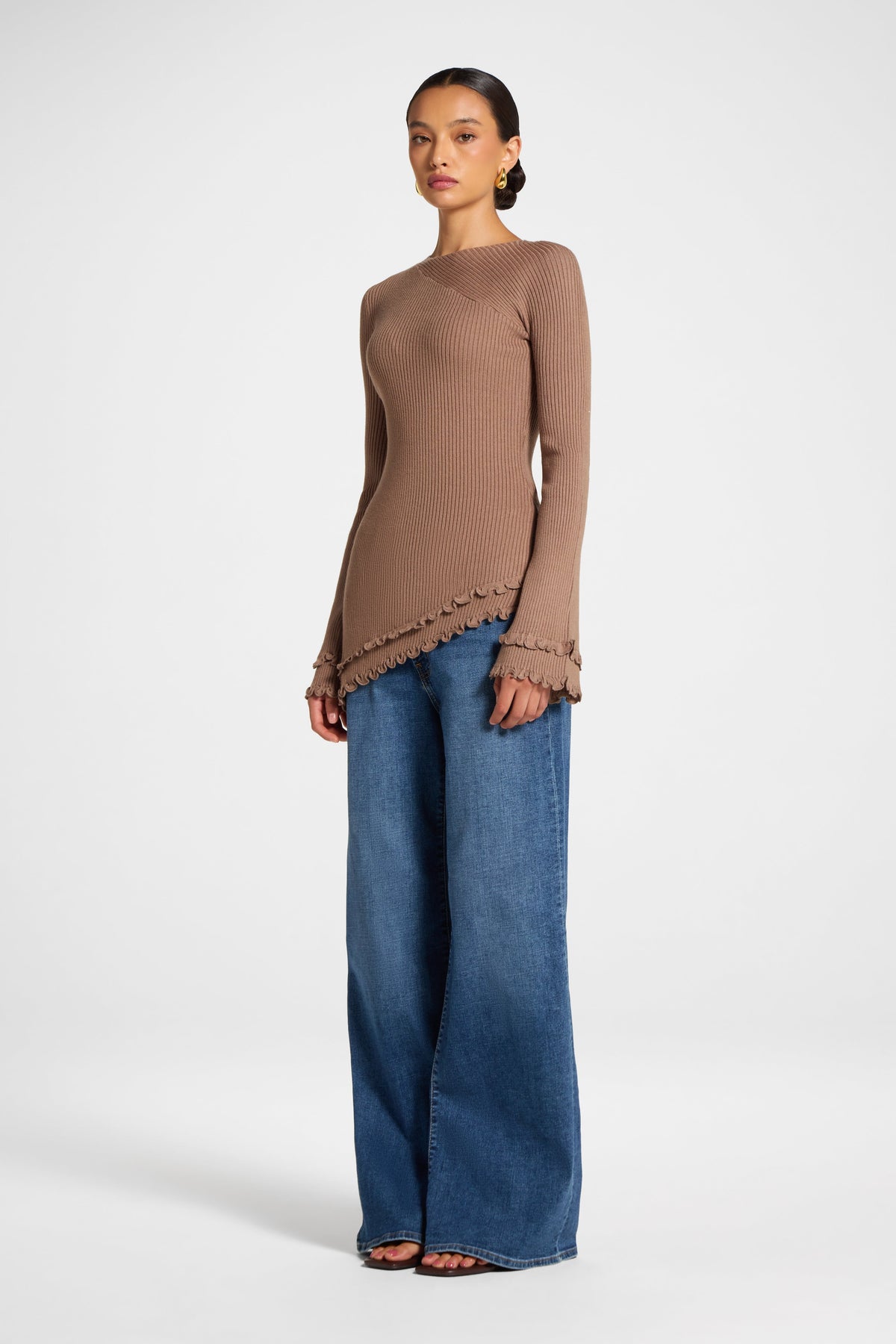 Asymmetric Ruffle Hem Knit Top - Fawn Veiled