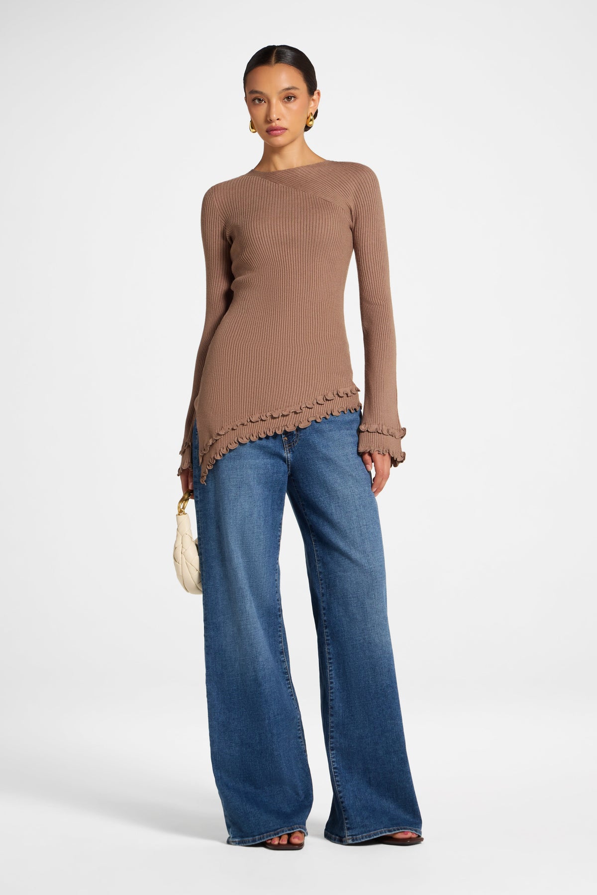 Asymmetric Ruffle Hem Knit Top - Fawn Veiled