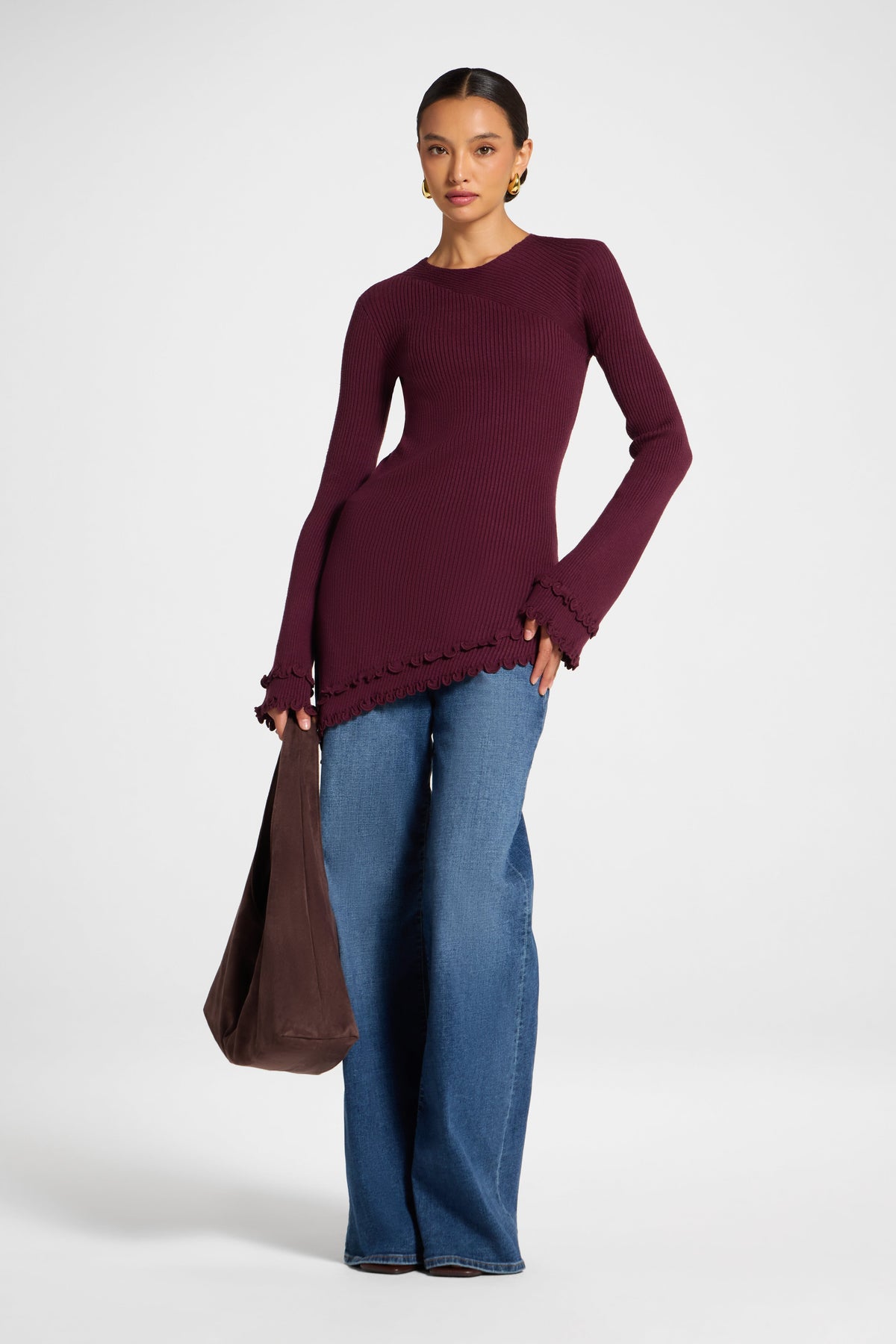 Asymmetric Ruffle Hem Knit Top - Fig Veiled
