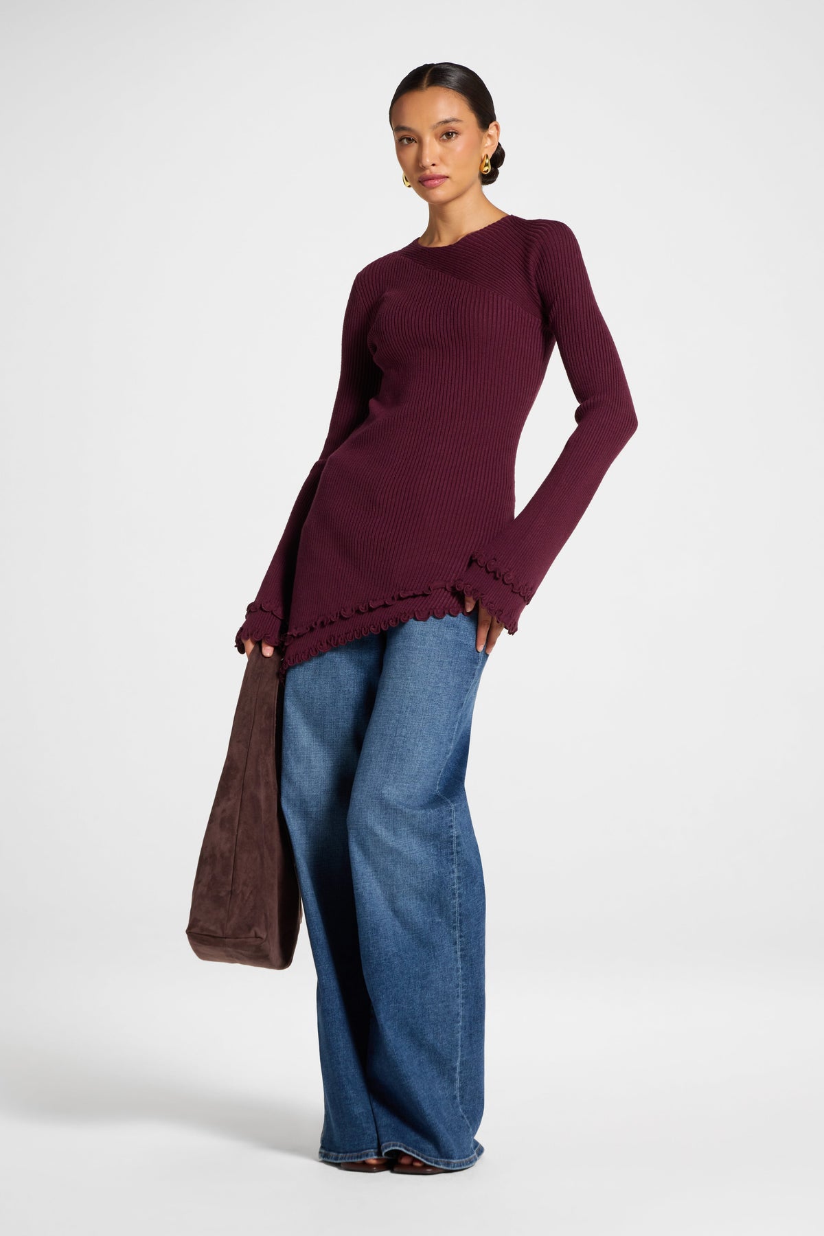 Asymmetric Ruffle Hem Knit Top - Fig Veiled