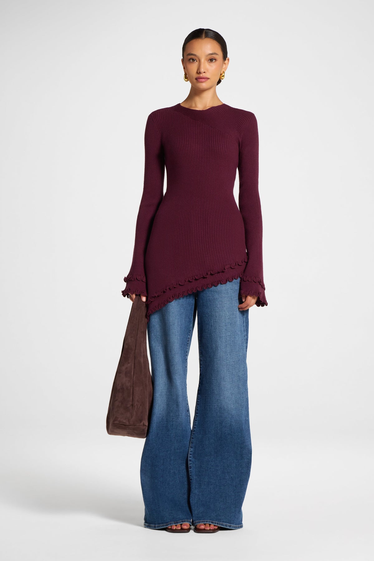 Asymmetric Ruffle Hem Knit Top - Fig Veiled