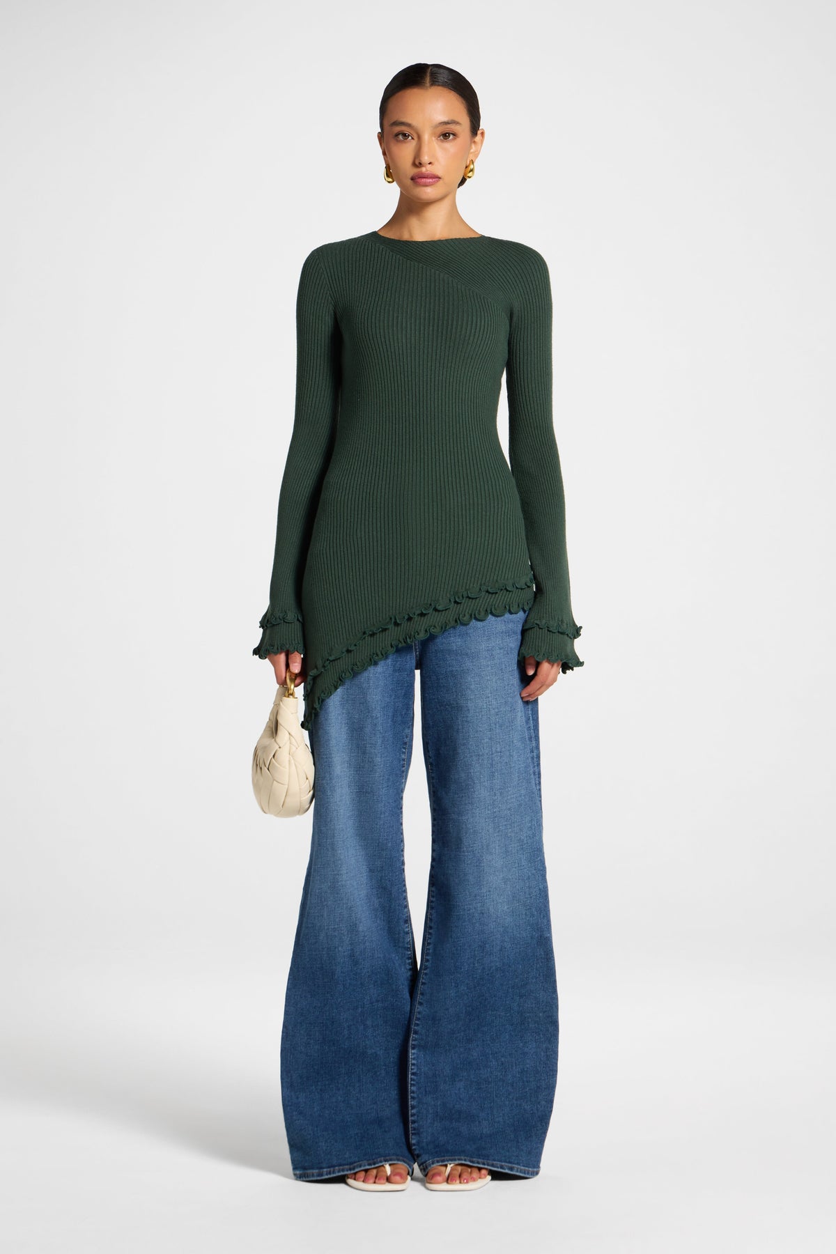 Asymmetric Ruffle Hem Knit Top - Forest Veiled