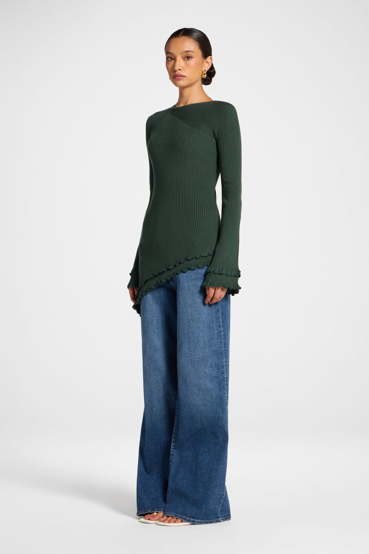 Asymmetric Ruffle Hem Knit Top - Forest Veiled