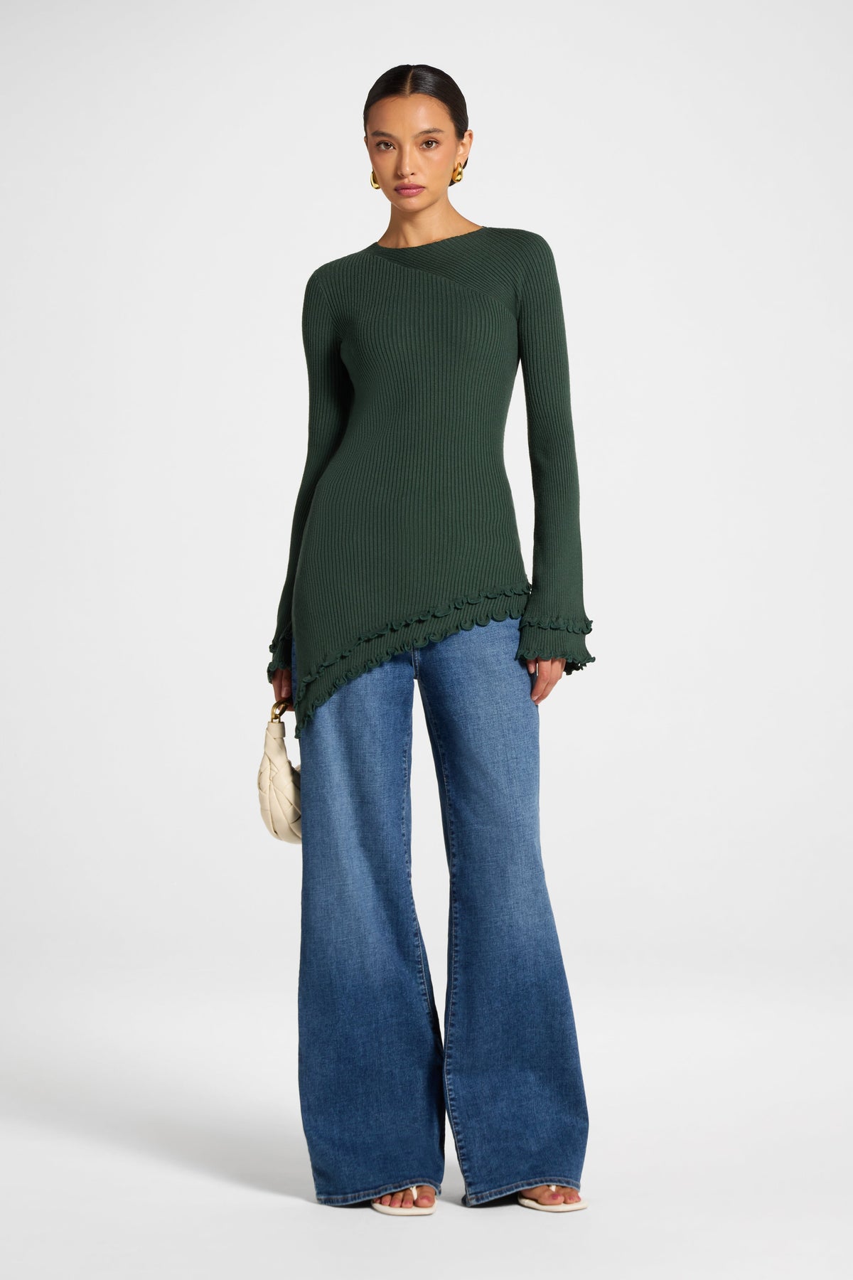 Asymmetric Ruffle Hem Knit Top - Forest Veiled