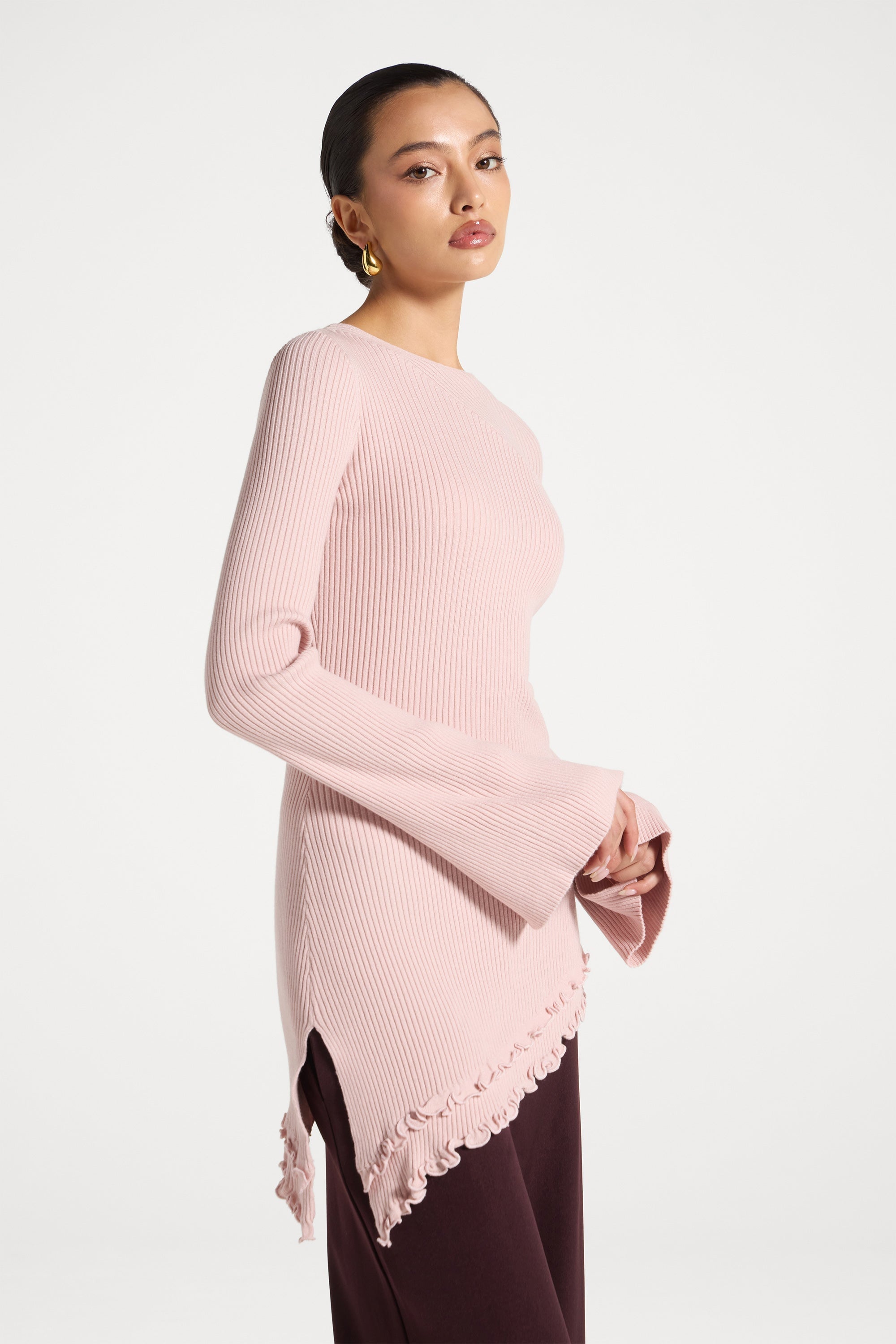 Asymmetric Ruffle Hem Knit Top - Pink Frost Abayas Veiled