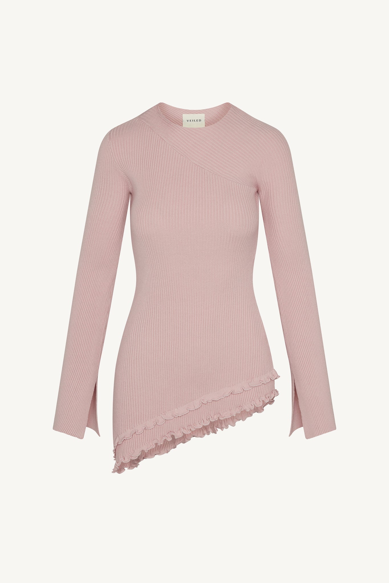 Asymmetric Ruffle Hem Knit Top - Pink Frost Abayas Veiled