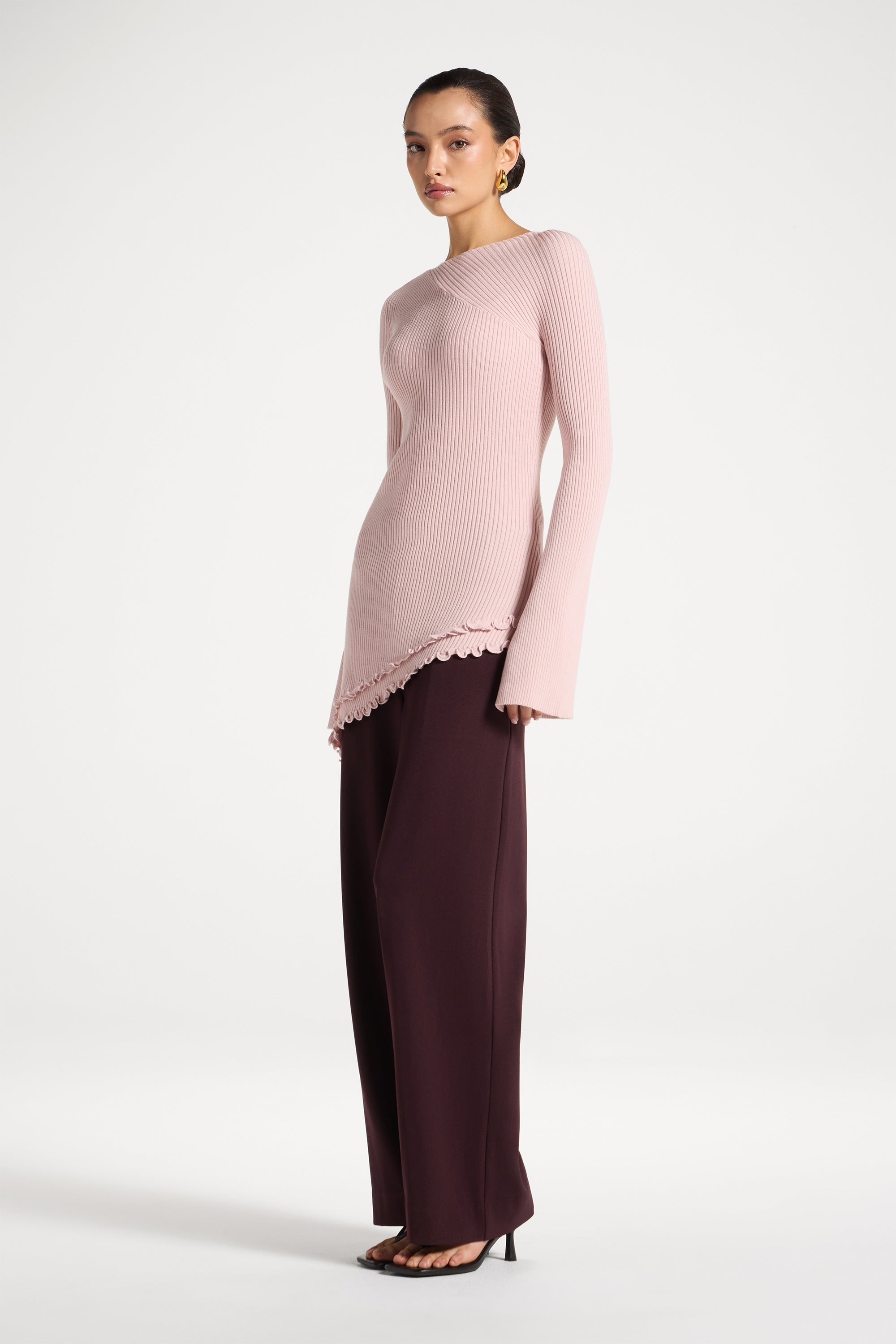 Asymmetric Ruffle Hem Knit Top - Pink Frost Abayas Veiled